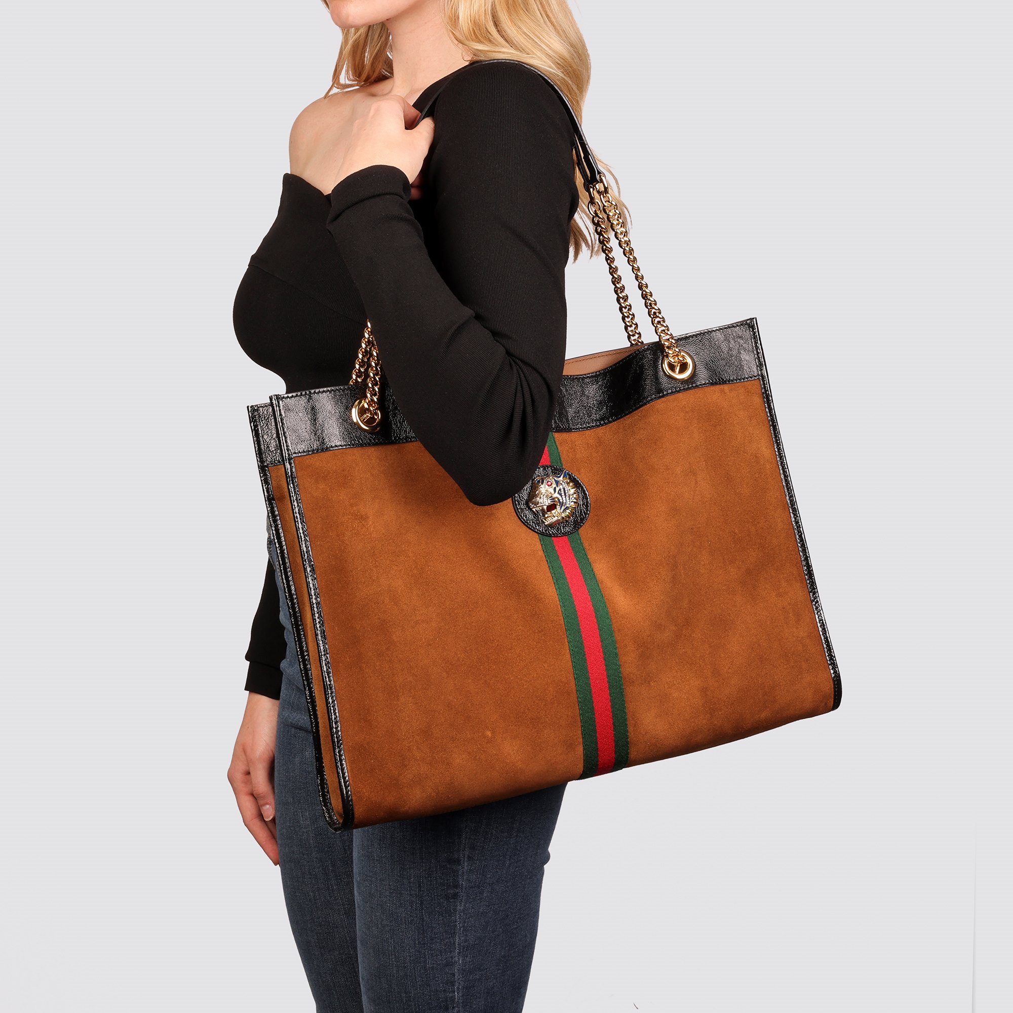 Gucci Brown Suede & Black Patent Leather Maxi Rajah Tote