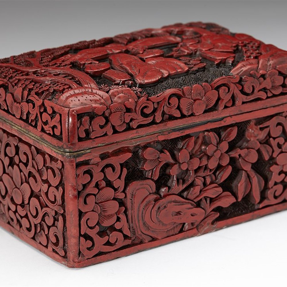 Antique Chinese Red Lacquer Box Carved With Figures 19th C Or Second Hand Art