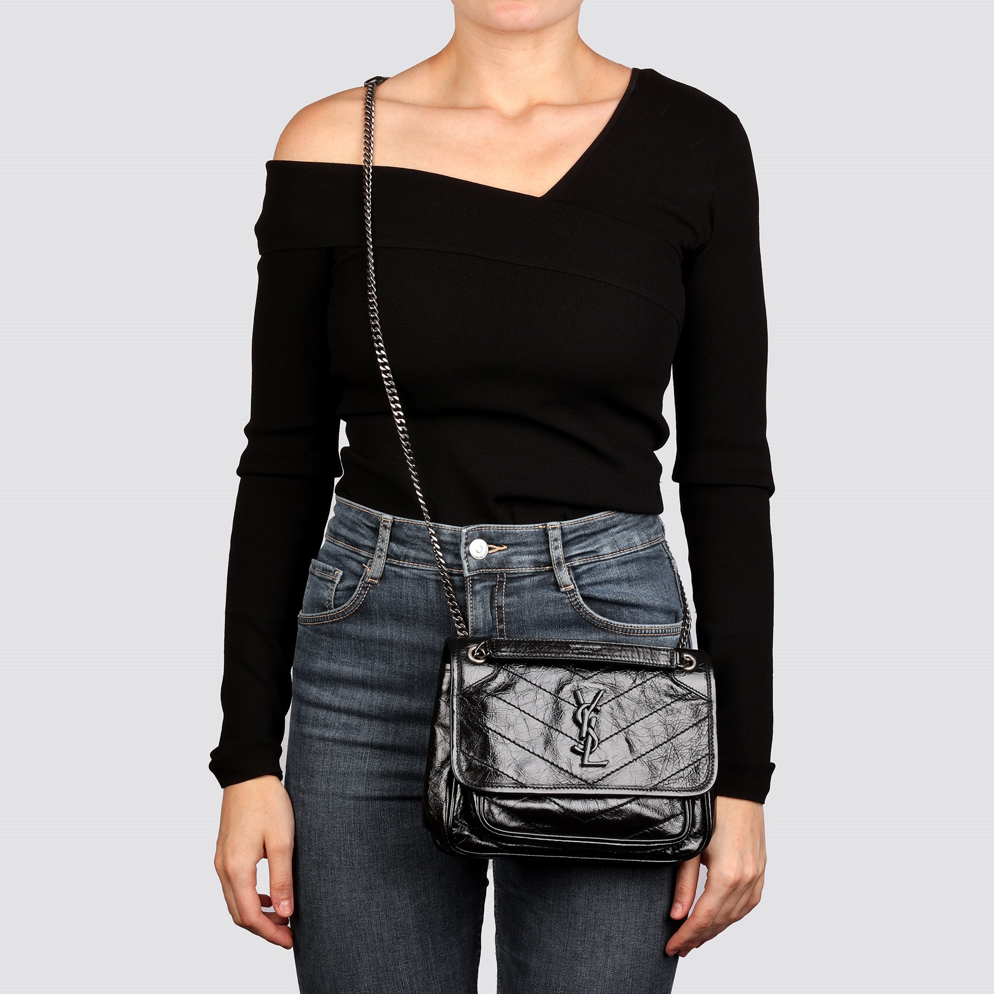 Saint Laurent Black Chevron Quilted Crinkled Calfskin Leather Baby Niki