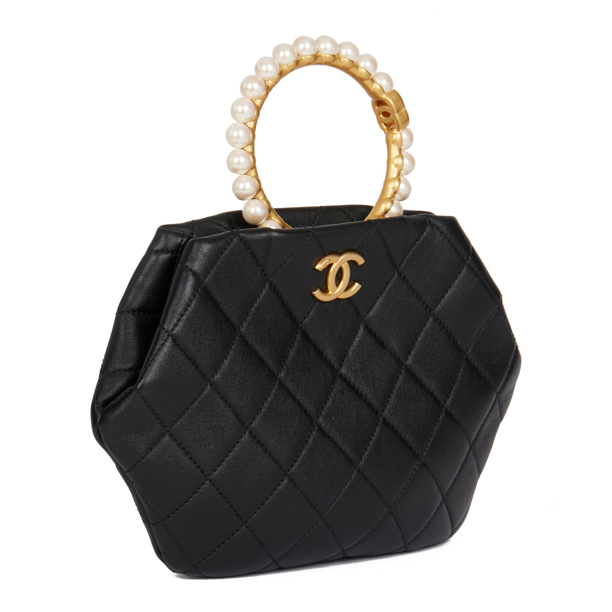 Chanel Black Quilted Lambskin Pearl Handle Clutch