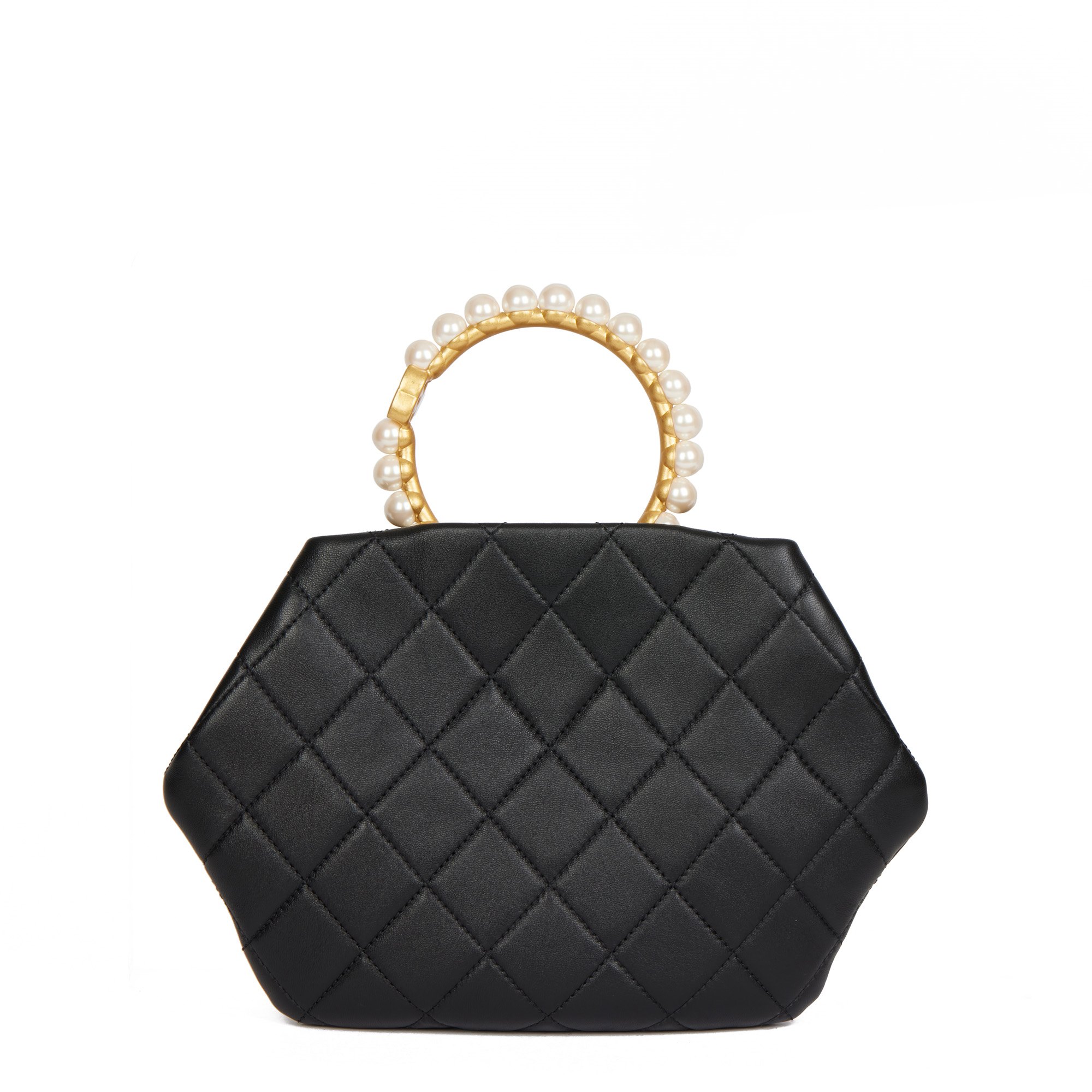 Chanel Black Quilted Lambskin Pearl Handle Clutch