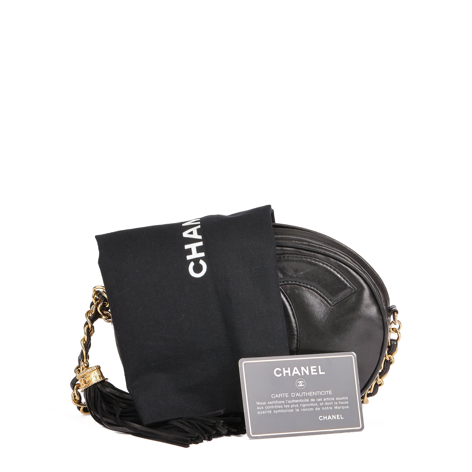 Chanel Black Lambskin Leather Vintage Round Fringe Timeless Shoulder Bag