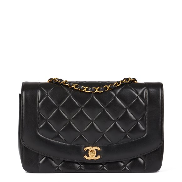 Chanel Black Quilted Lambskin Vintage Medium Diana Classic Single Flap Bag