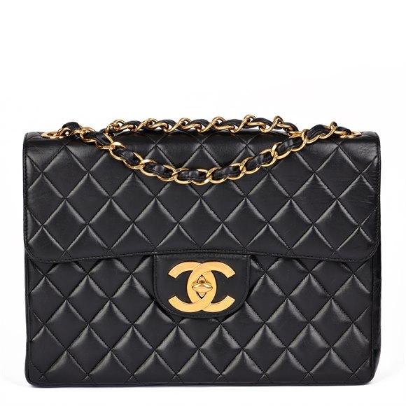 Chanel Black Quilted Lambskin Vintage Jumbo XL Classic Single Flap Bag