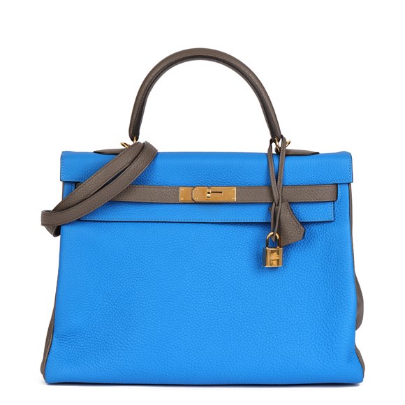Hermès Blue Hydra & Etain Clemence Leather Special Order HSS Kelly 35cm Retourne