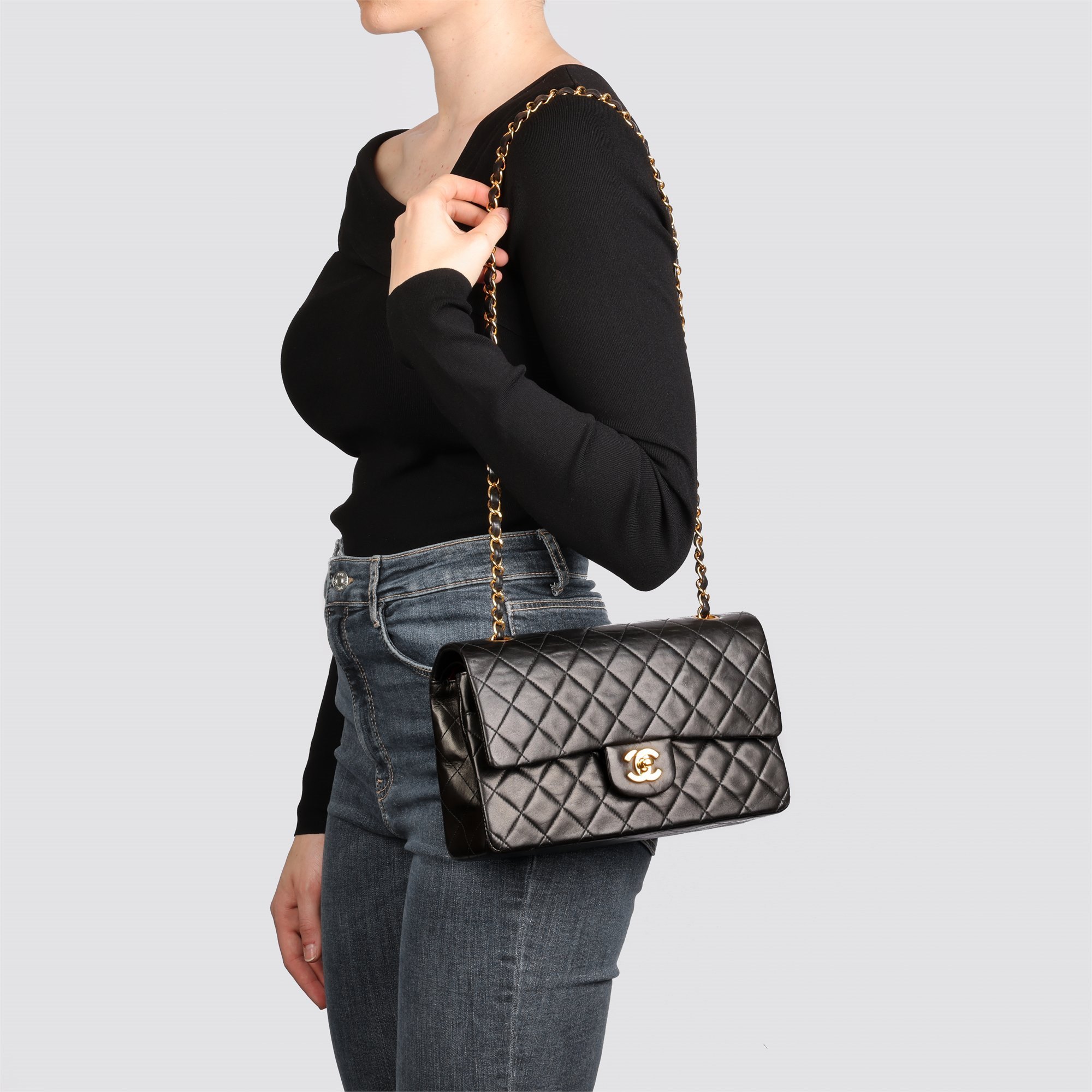 Chanel Black Quilted Lambskin Vintage Medium Classic Double Flap Bag