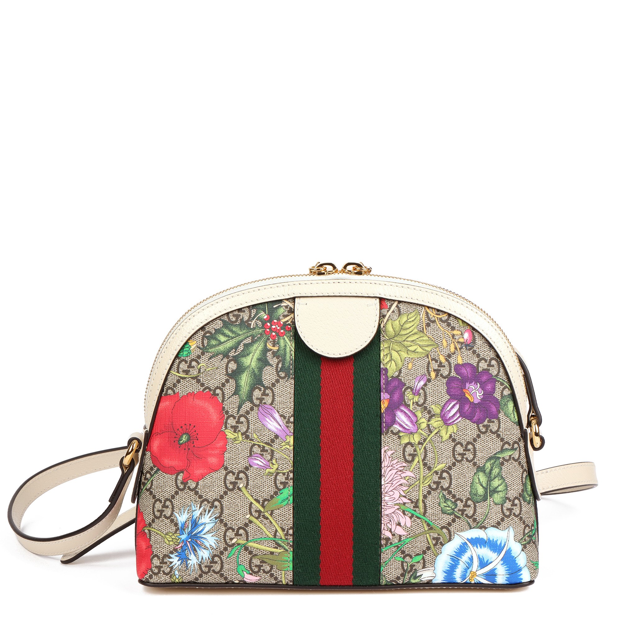 Gucci White Pigskin Leather & GG Supreme Flora Canvas Small Ophidia Shoulder Bag