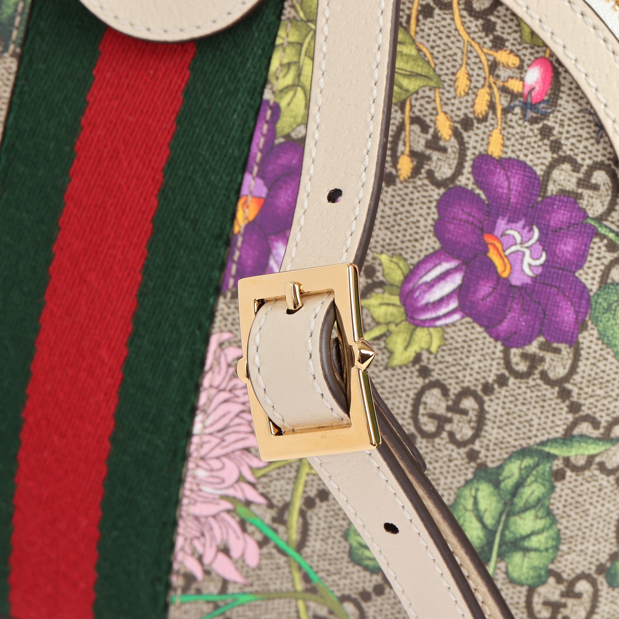 Gucci White Pigskin Leather & GG Supreme Flora Canvas Small Ophidia Shoulder Bag