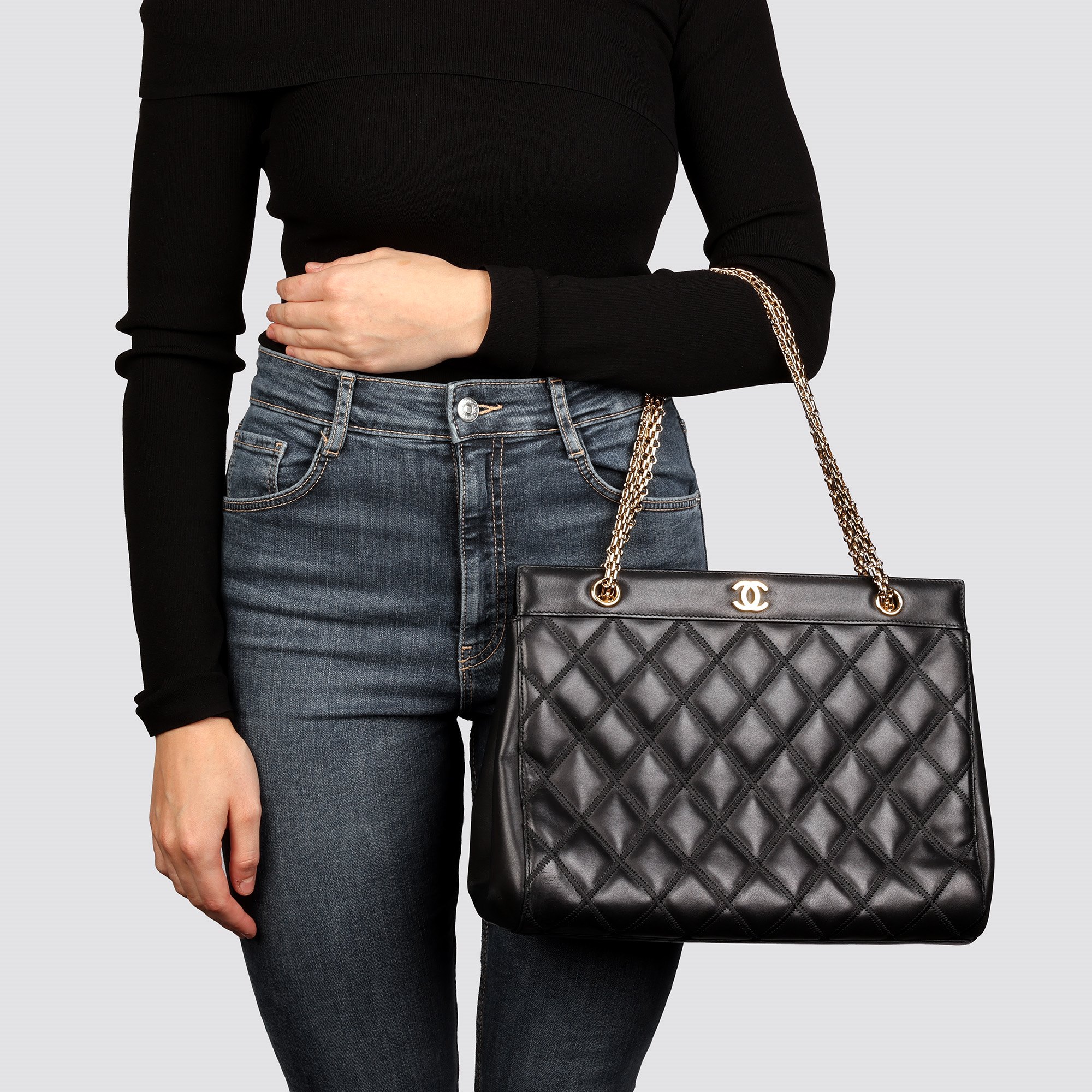 Chanel Black Quilted Lambskin Vintage Classic Tote