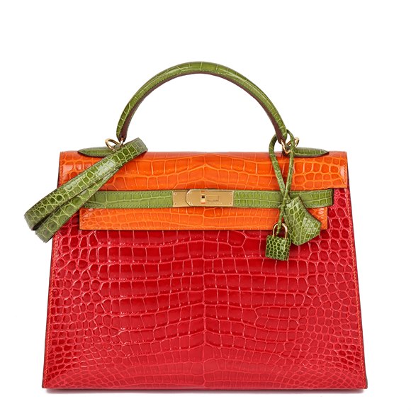 Hermès Braise, Tangerine & Vert Anis Shiny Porosus Crocodile Leather Special Order HSS Kelly 32cm Sellier