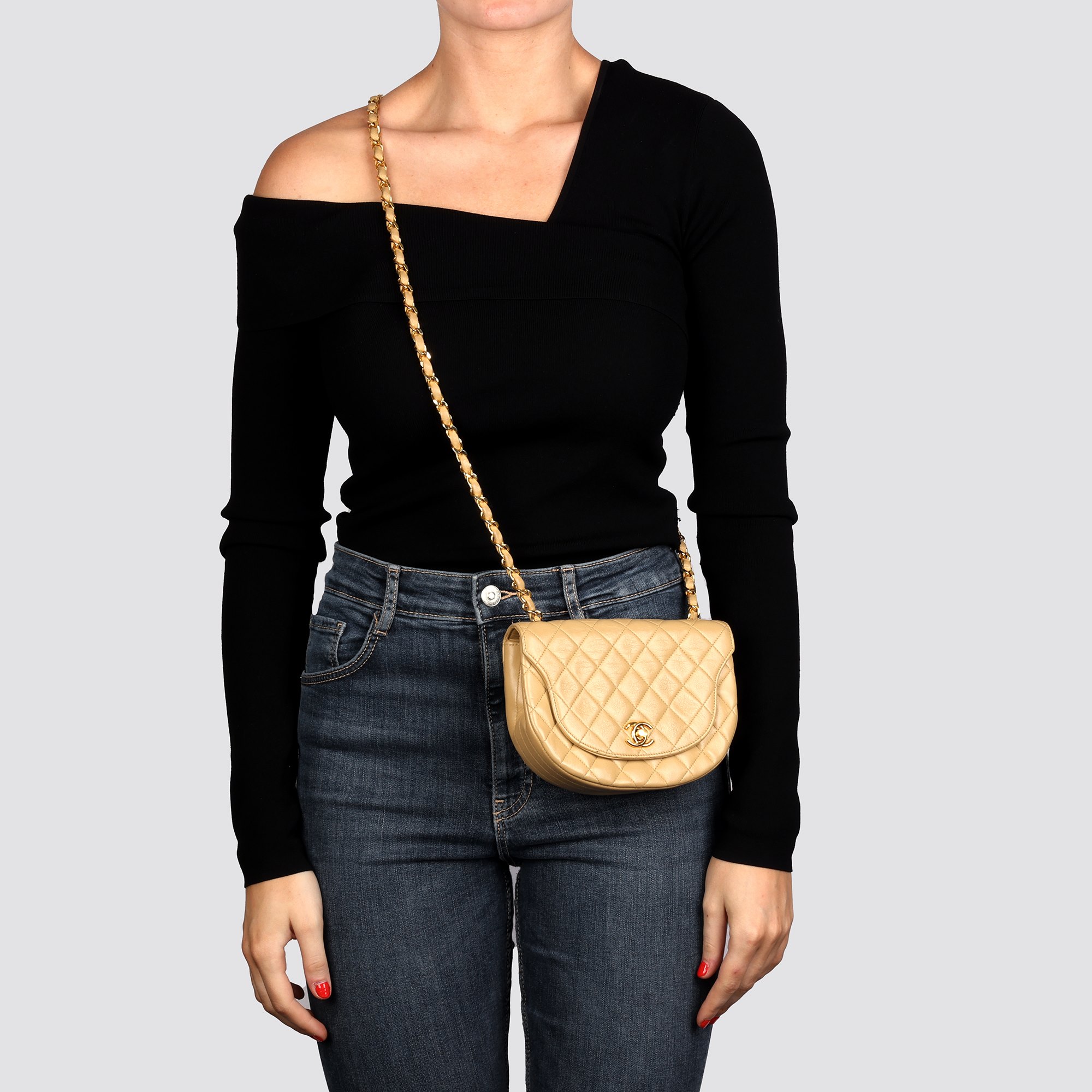 Chanel Beige Quilted Lambskin Vintage Half Moon Mini Flap Bag