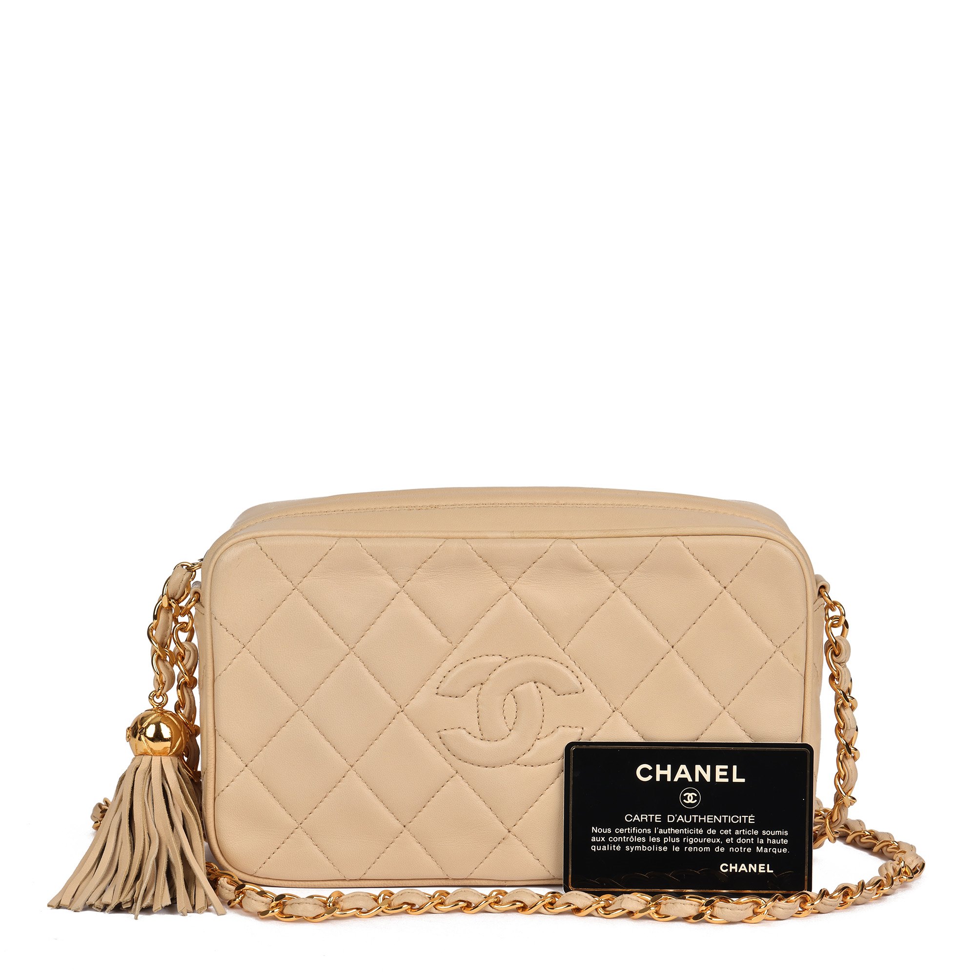 Chanel Beige Quilted Lambskin Vintage Small Fringe Timeless Camera Bag