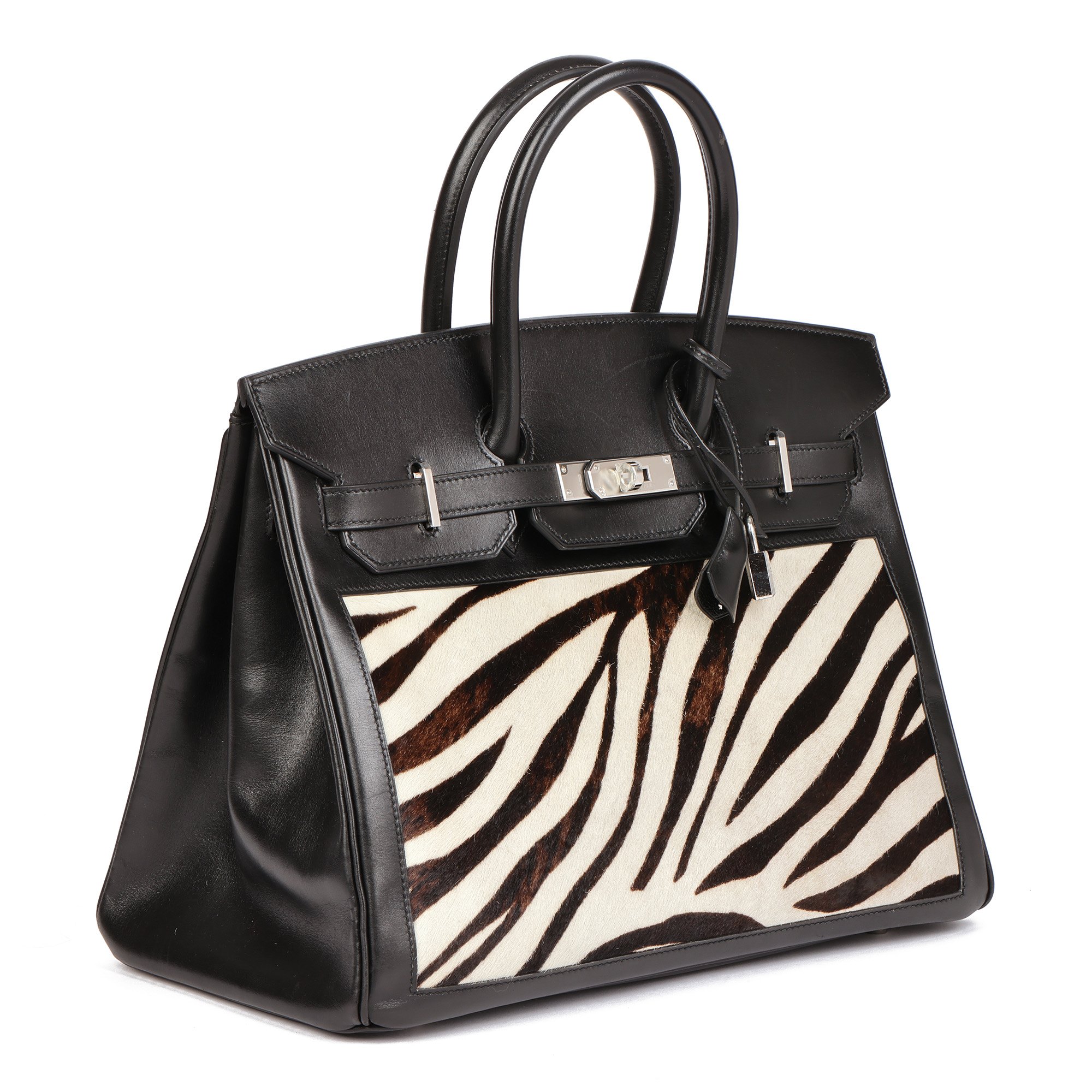 Hermès Black Box Calf Leather & Zebra Print Calfskin Pony Fur Birkin 35cm Retourne