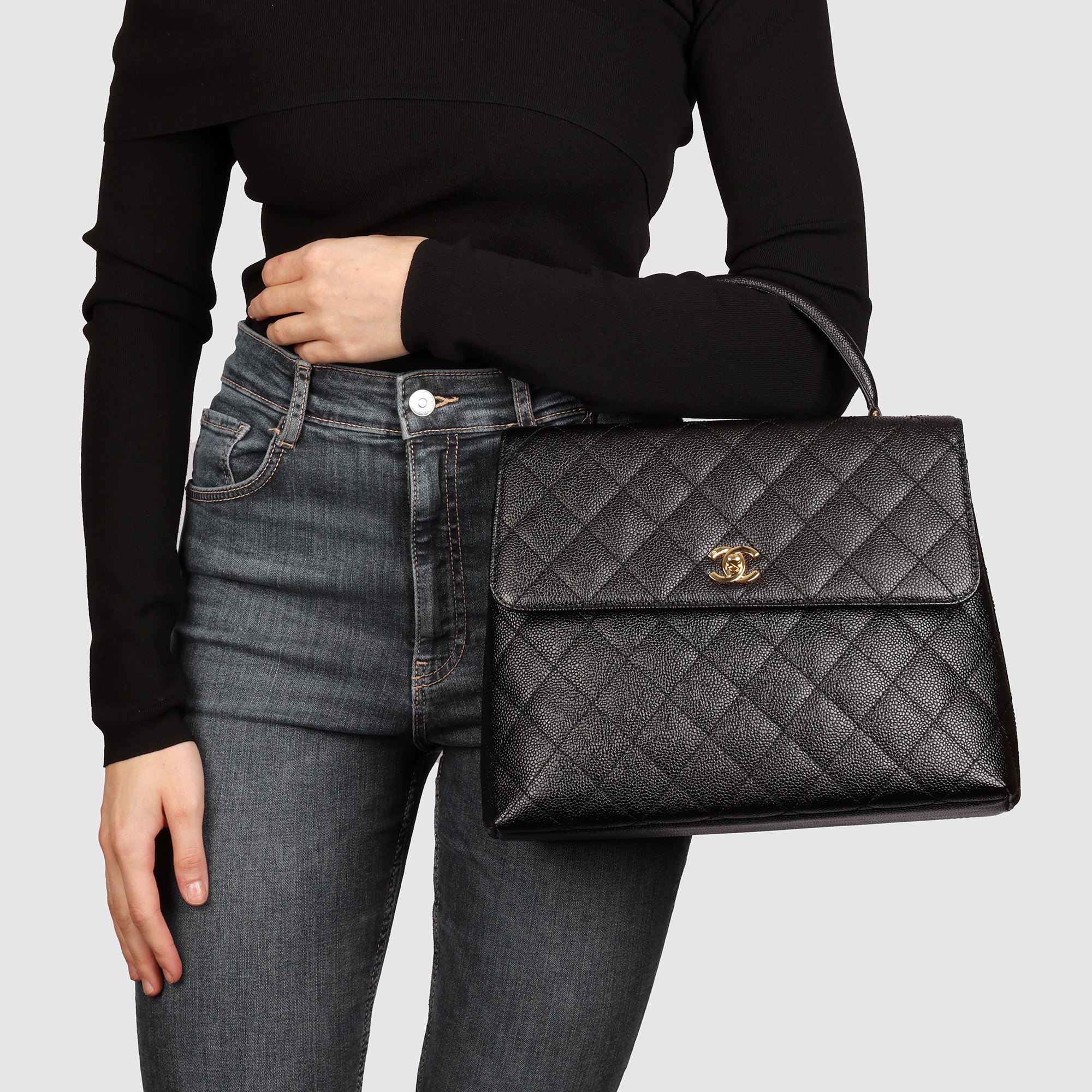 Chanel Black Quilted Caviar Leather Vintage Classic Kelly