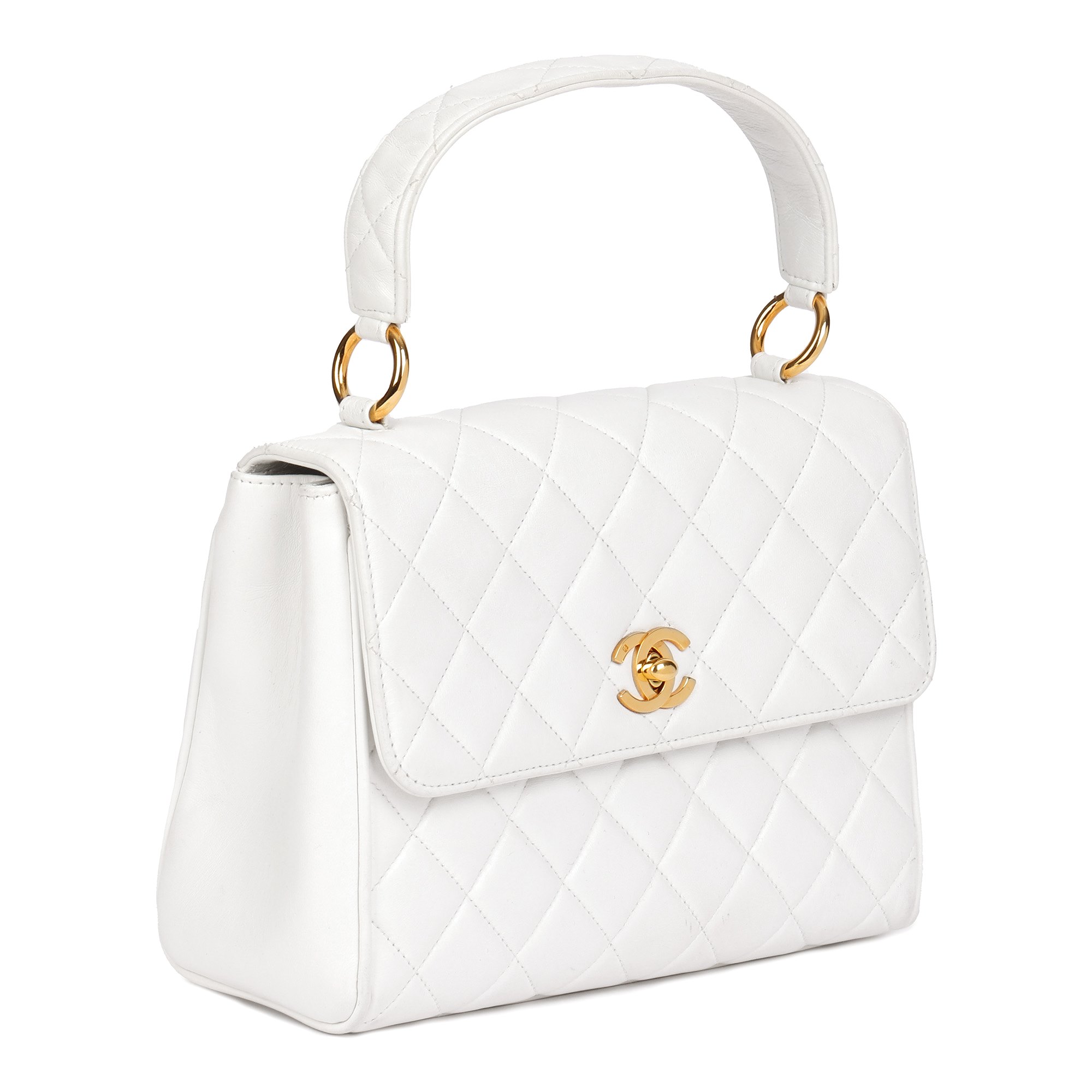 Chanel White Quilted Lambskin Vintage Classic Kelly