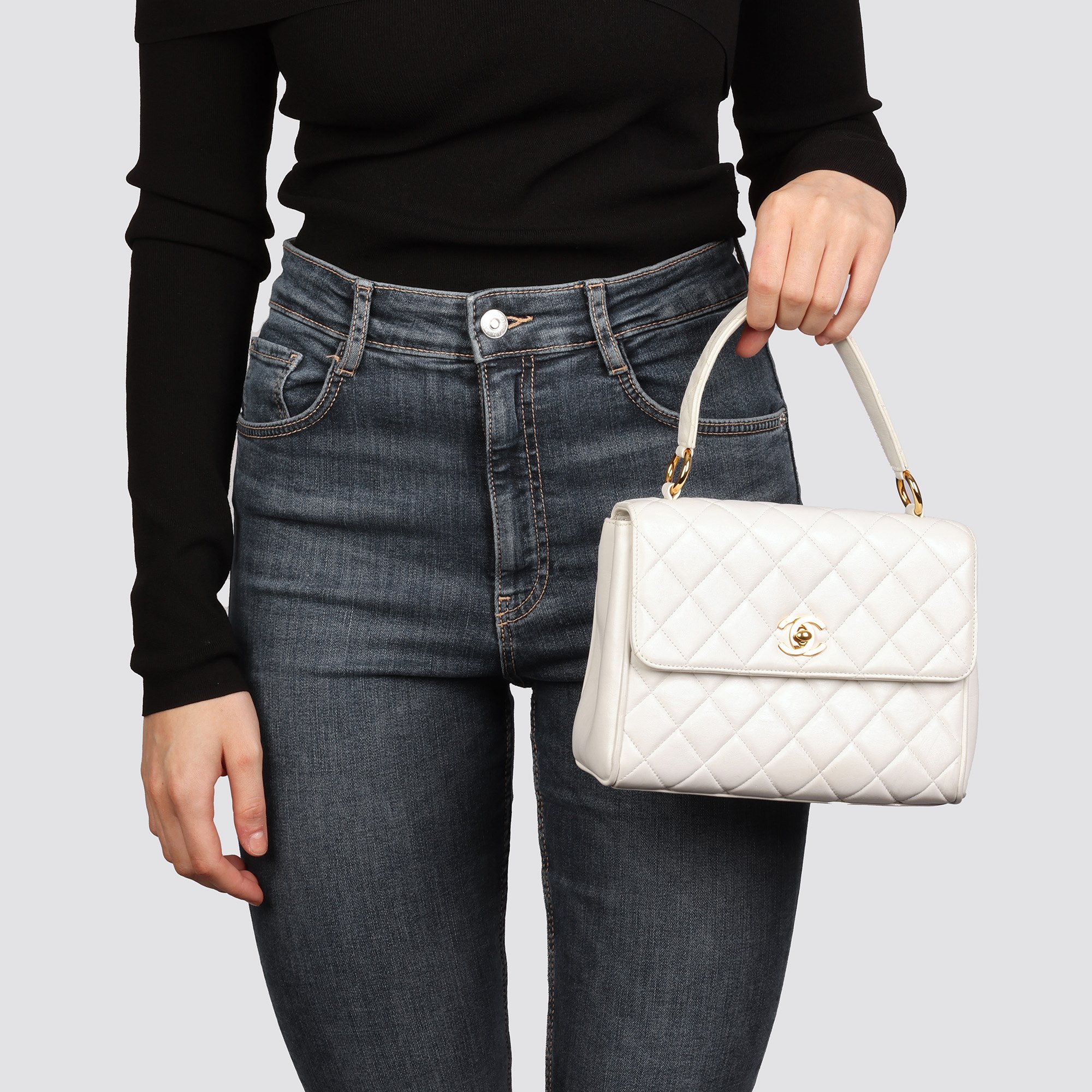Chanel White Quilted Lambskin Vintage Classic Kelly