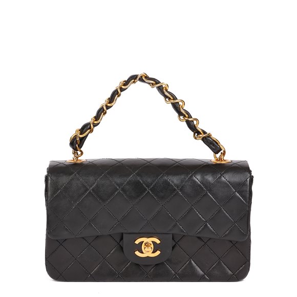 Chanel Black Quilted Lambskin Vintage Small Top Handle Classic Single Flap Bag