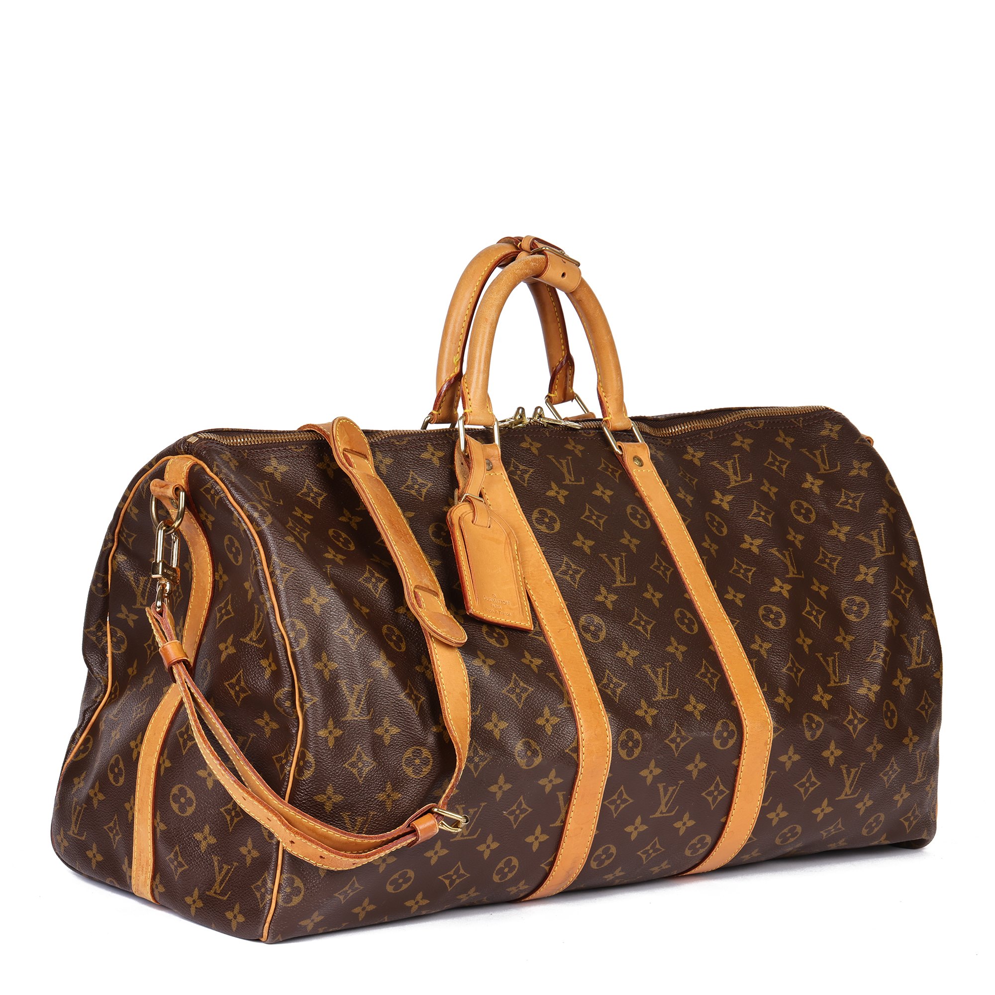 Brown Monogram Coated Canvas and Vachetta Leather Vintage Keepall 55  Bandoulière