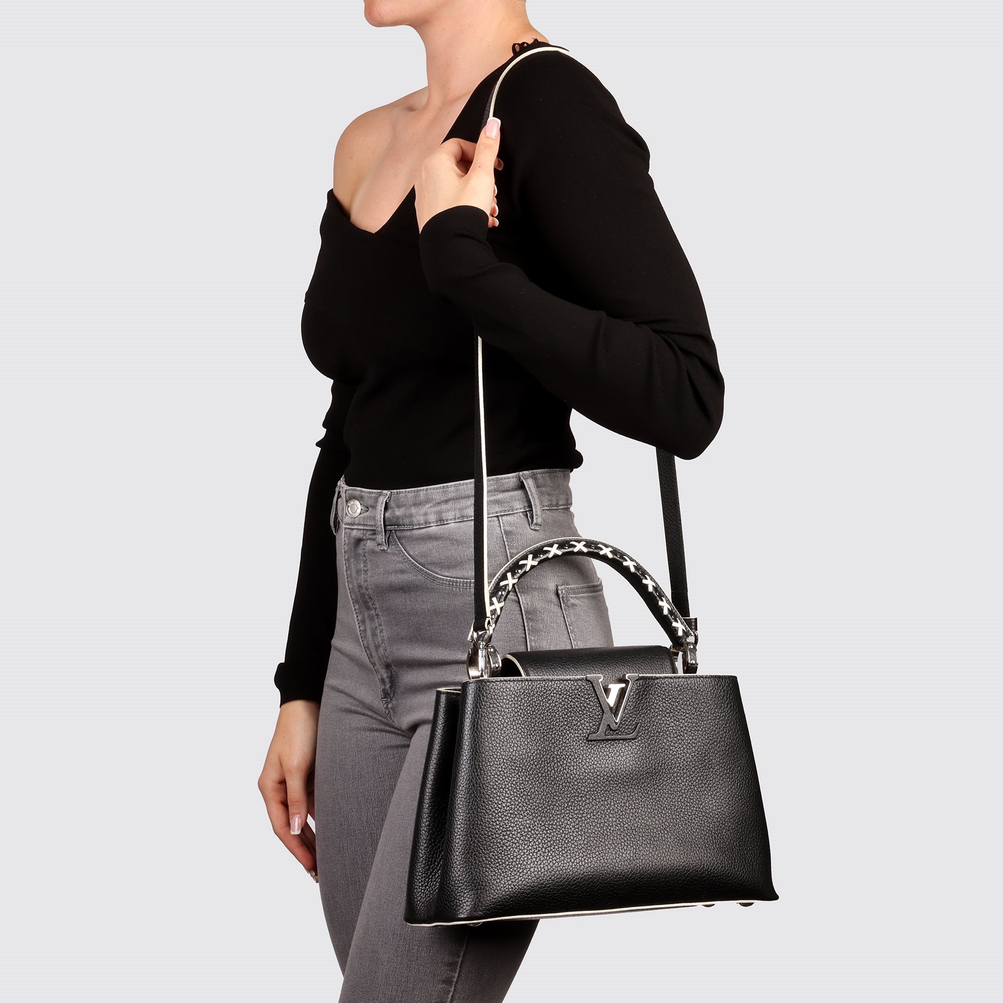 Louis Vuitton Black Taurillion Leather & White Stitch Capucines PM