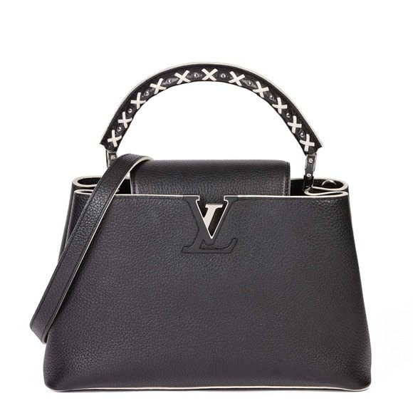 Louis Vuitton Black Taurillion Leather & White Stitch Capucines MM