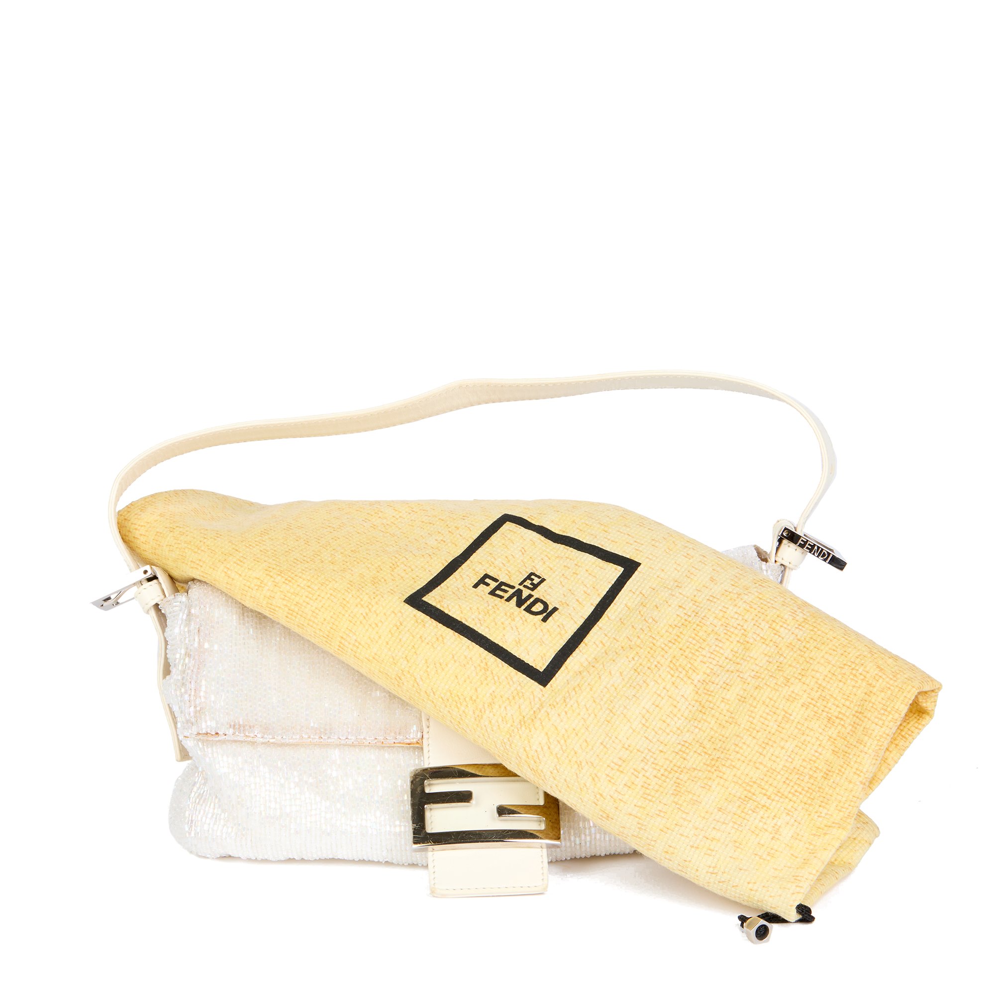 Fendi White Iridescent Embellished Satin & Calfskin Leather Vintage Baguette