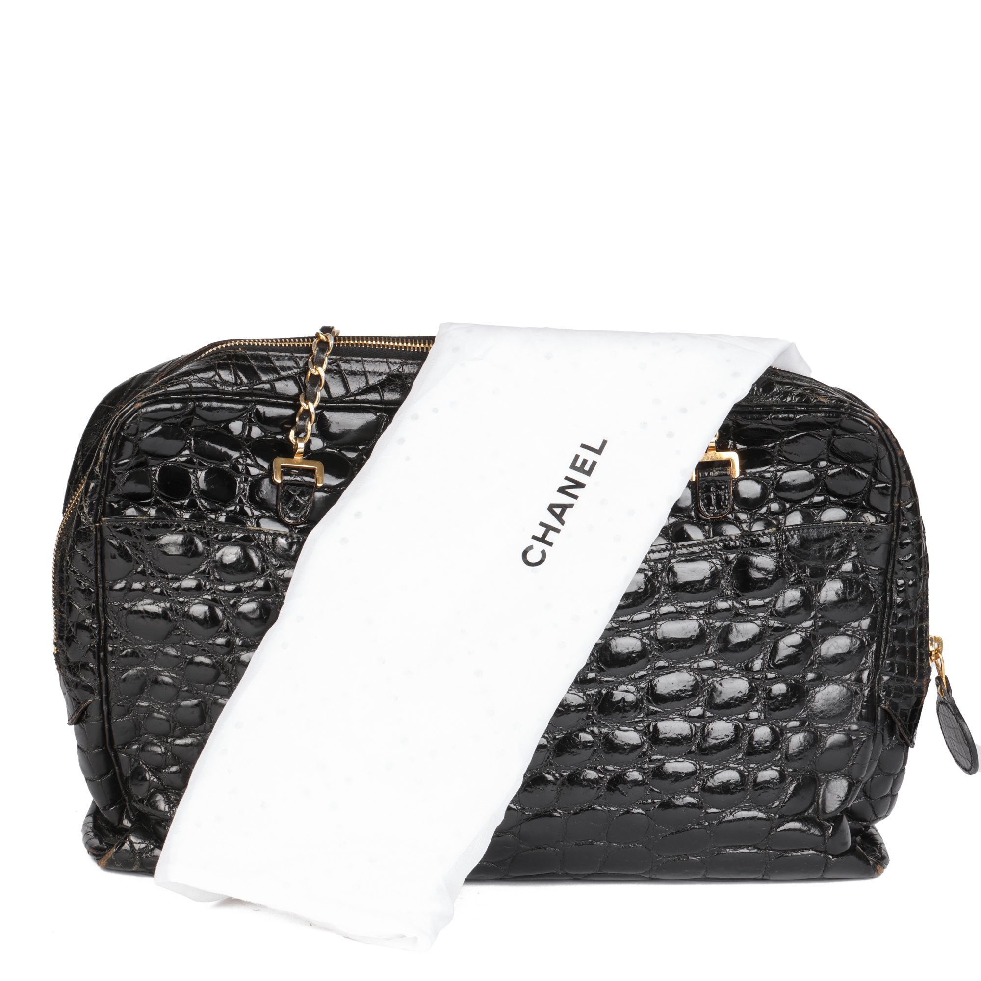 Chanel Black Shiny Crocodile Leather Vintage Camera Bag