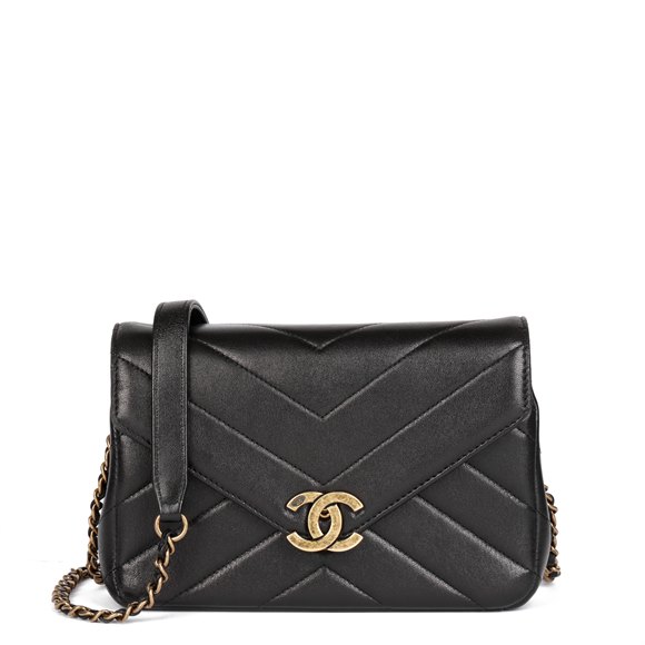 Chanel Black Chevron Quilted Lambskin Mini Envelope Single Flap Bag