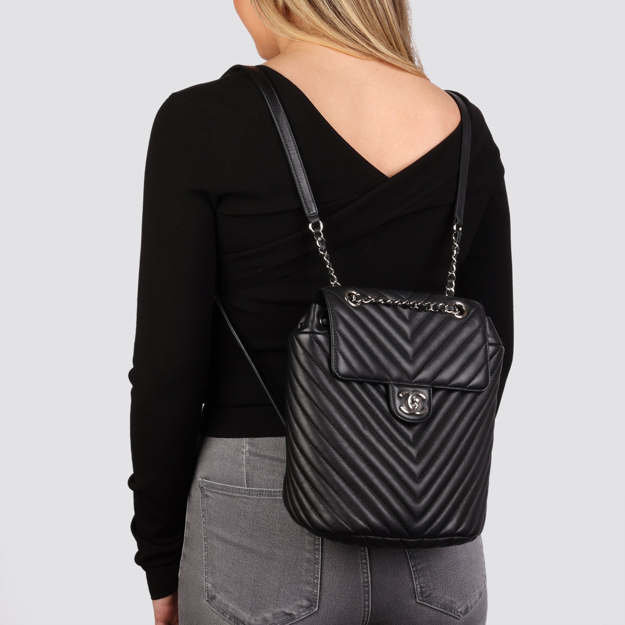 Chanel Black Chevron Quilted Lambskin Small Urban Spirit Backpack