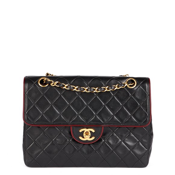 Chanel Black Quilted Lambskin Vintage Medium Classic Single Flap Bag with Red Trim