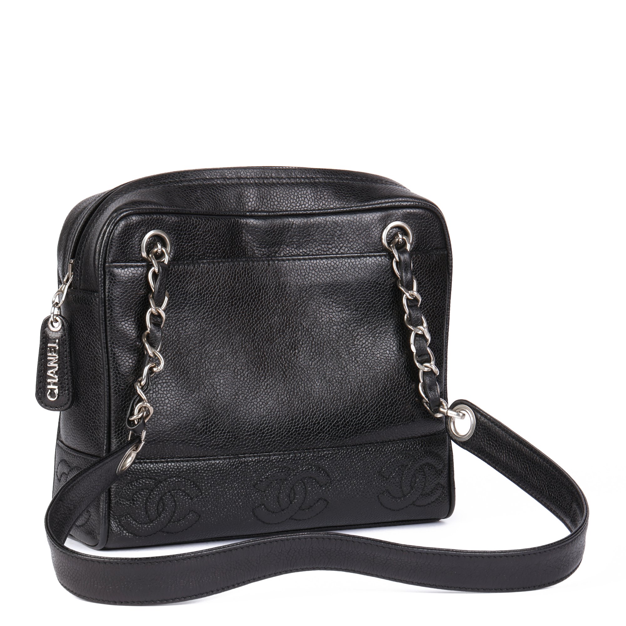 Chanel Black Caviar Leather Vintage Timeless Logo Trim Shoulder Bag