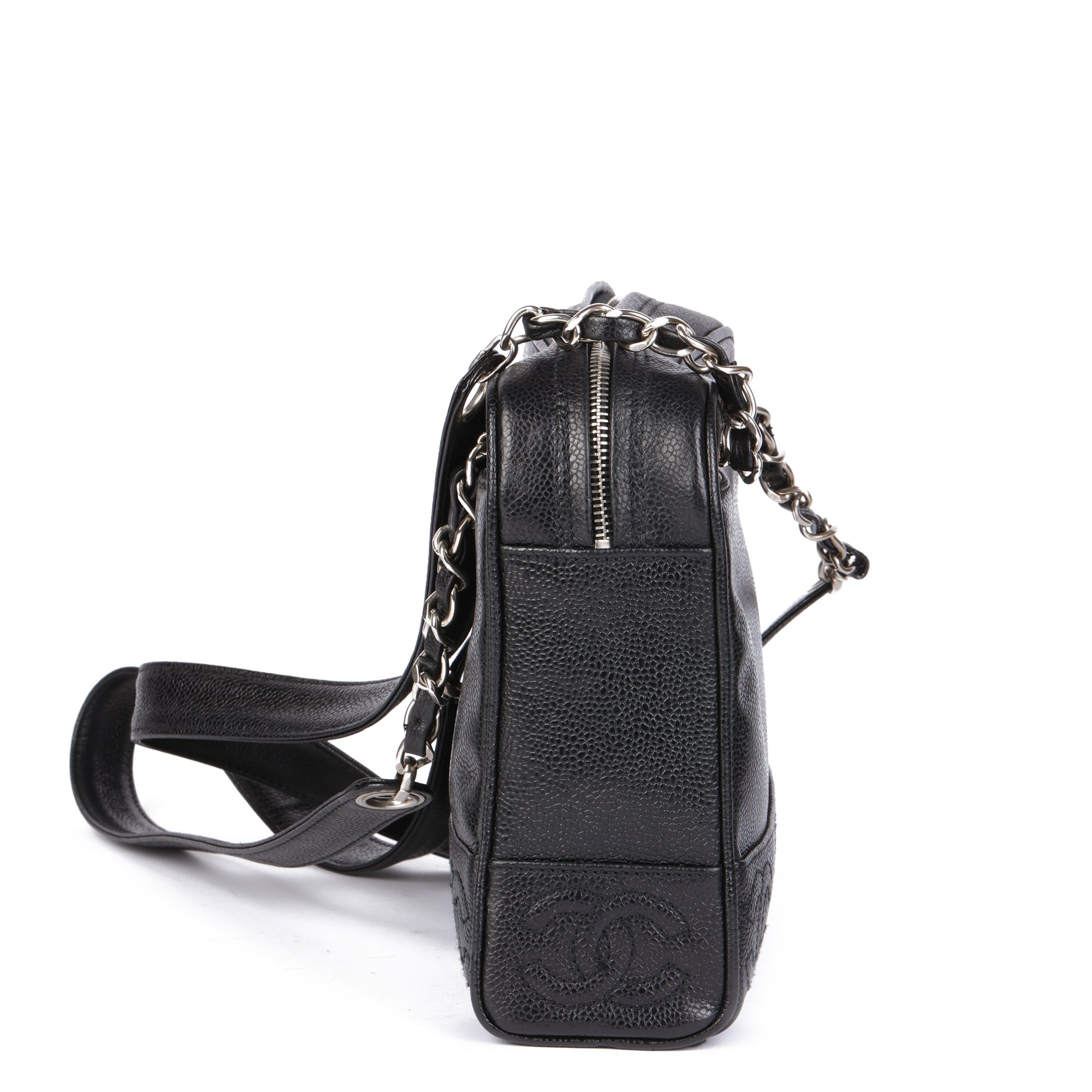 Chanel Black Caviar Leather Vintage Timeless Logo Trim Shoulder Bag