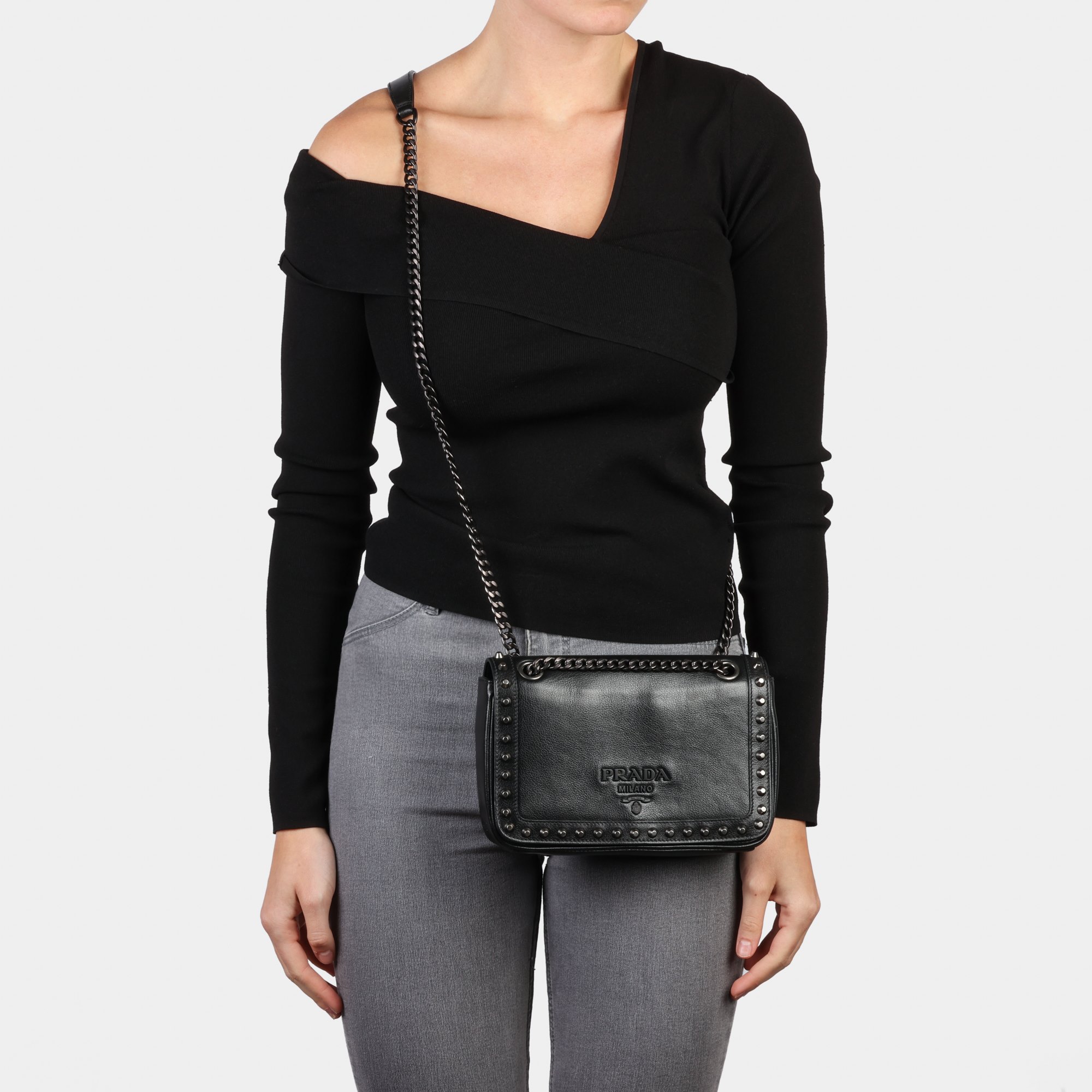 Prada Black Calfskin Leather Studded Crossbody Bag