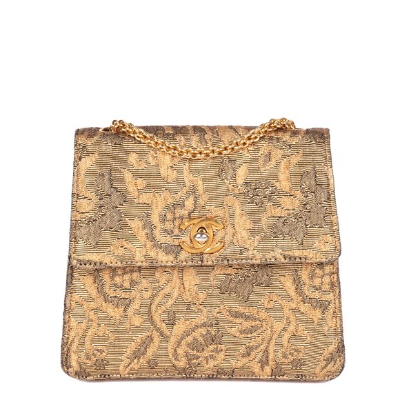 Chanel Gold Metallic Floral Woven Jacquard Vintage Mini Flap Bag