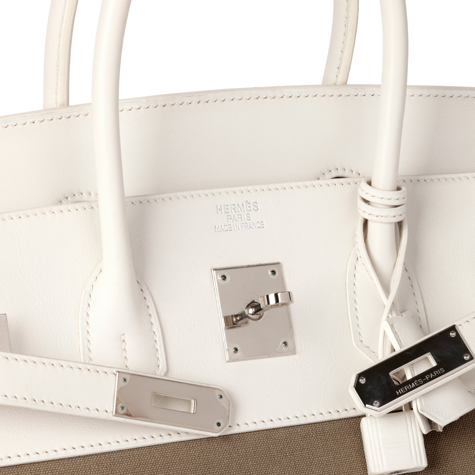 Hermès White Swift Leather & Olive Toile Canvas Birkin 35cm Retourne