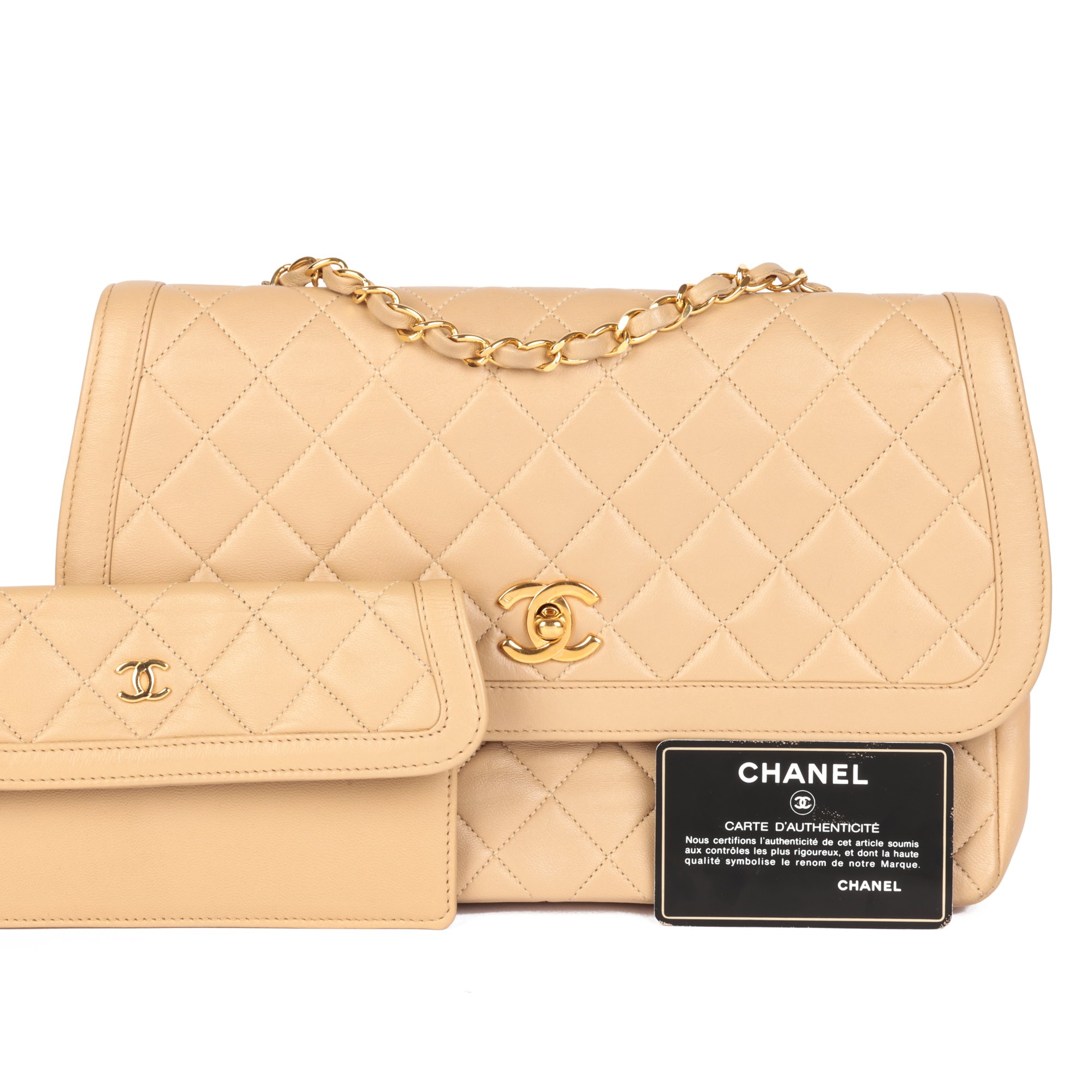 Chanel Beige Quilted Lambskin Vintage Medium Classic Single Flap Bag with Wallet