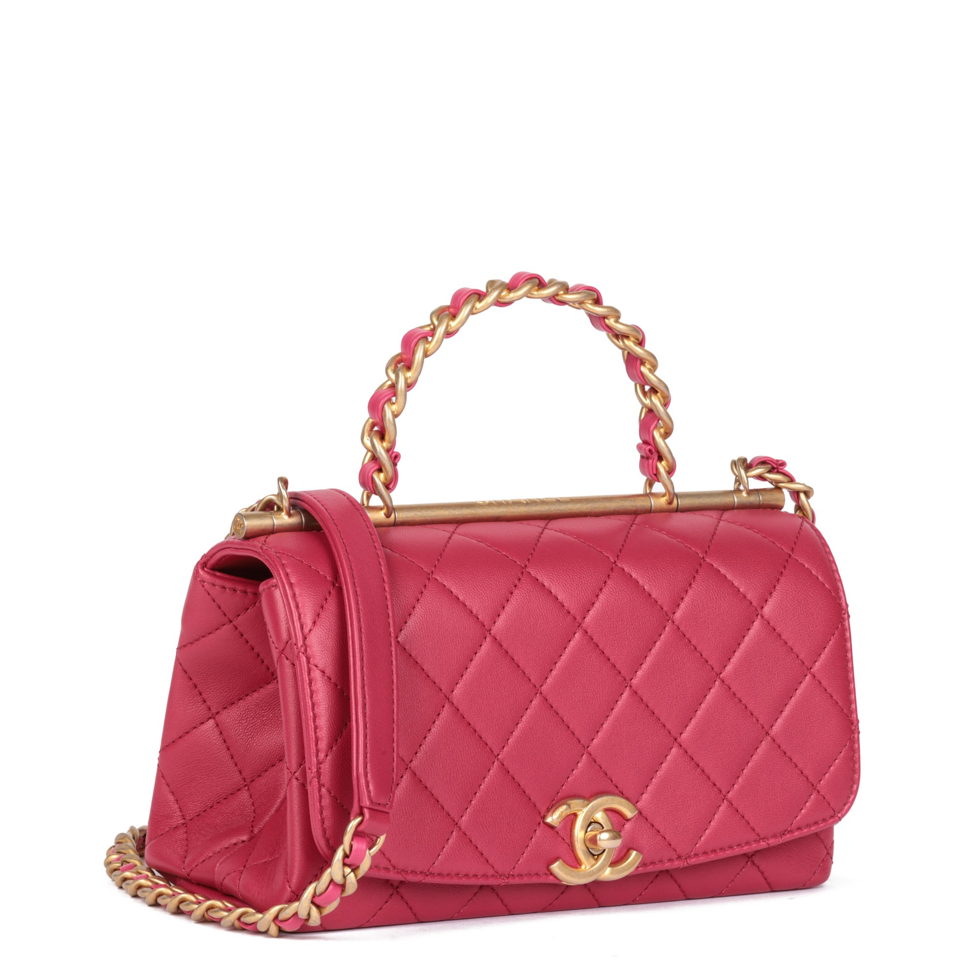 Chanel Pink Quilted Lambskin Vintage Small Top Handle Classic Single Flap Bag