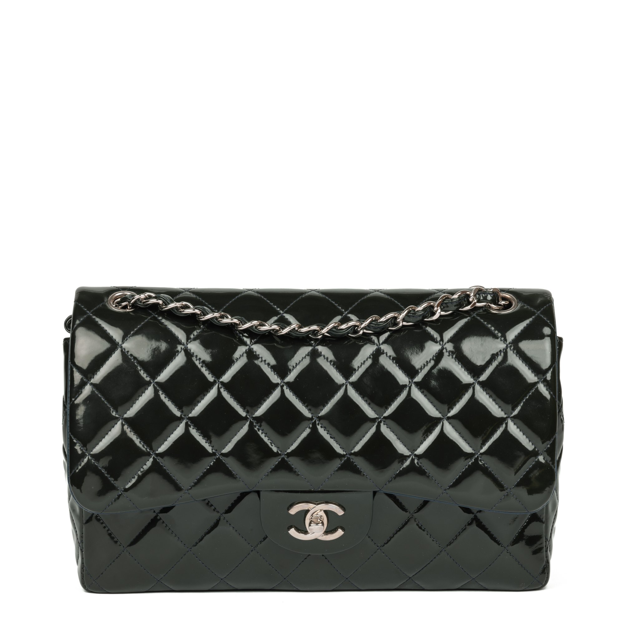 Chanel Forest Green Quilted Patent Leather Verso Classic Double Flap Bag