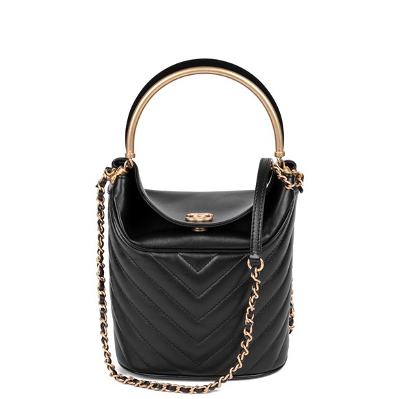 Chanel Black Chevron Quilted Lambskin Handle with Chic Bucket Bag