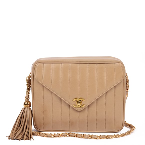 Chanel Beige Vertical Quilted Lambskin Vintage Small Classic Camera Bag