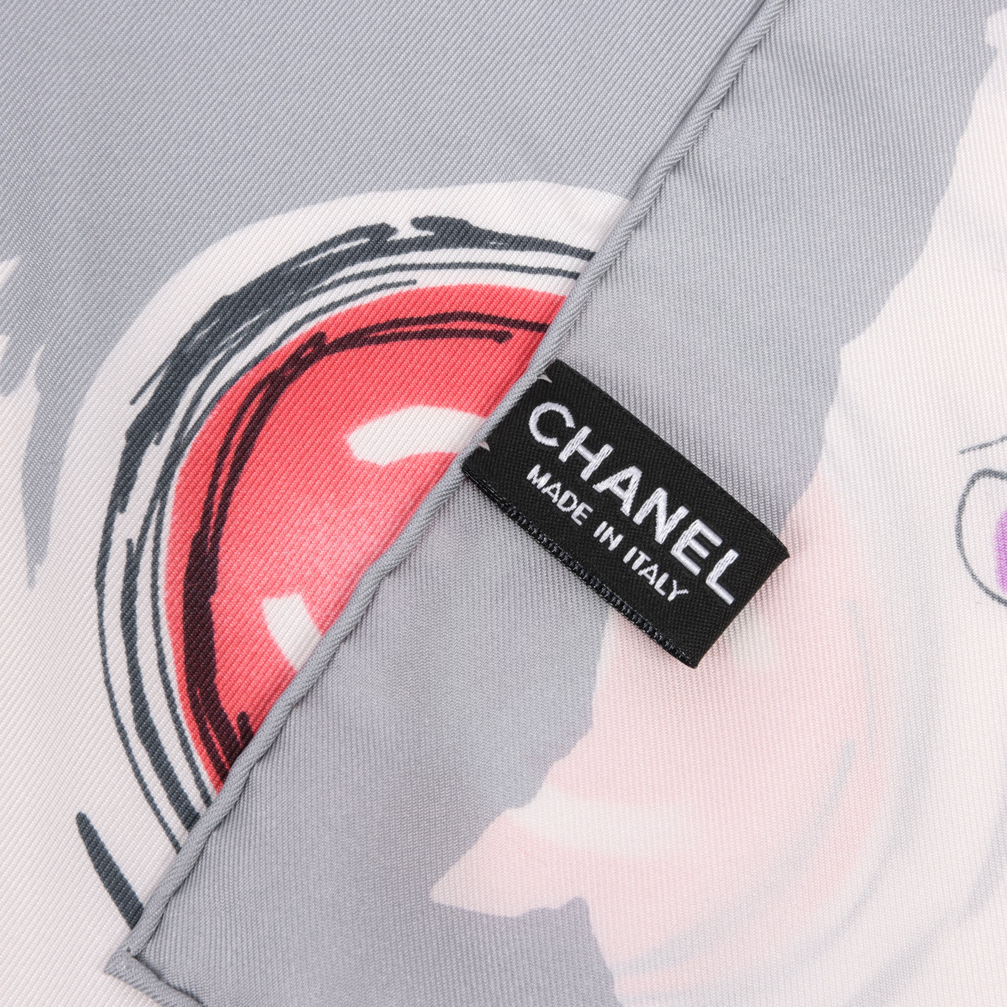 Chanel Grey, White, Teal, Pink & Coral Silk Carmellia Scarf