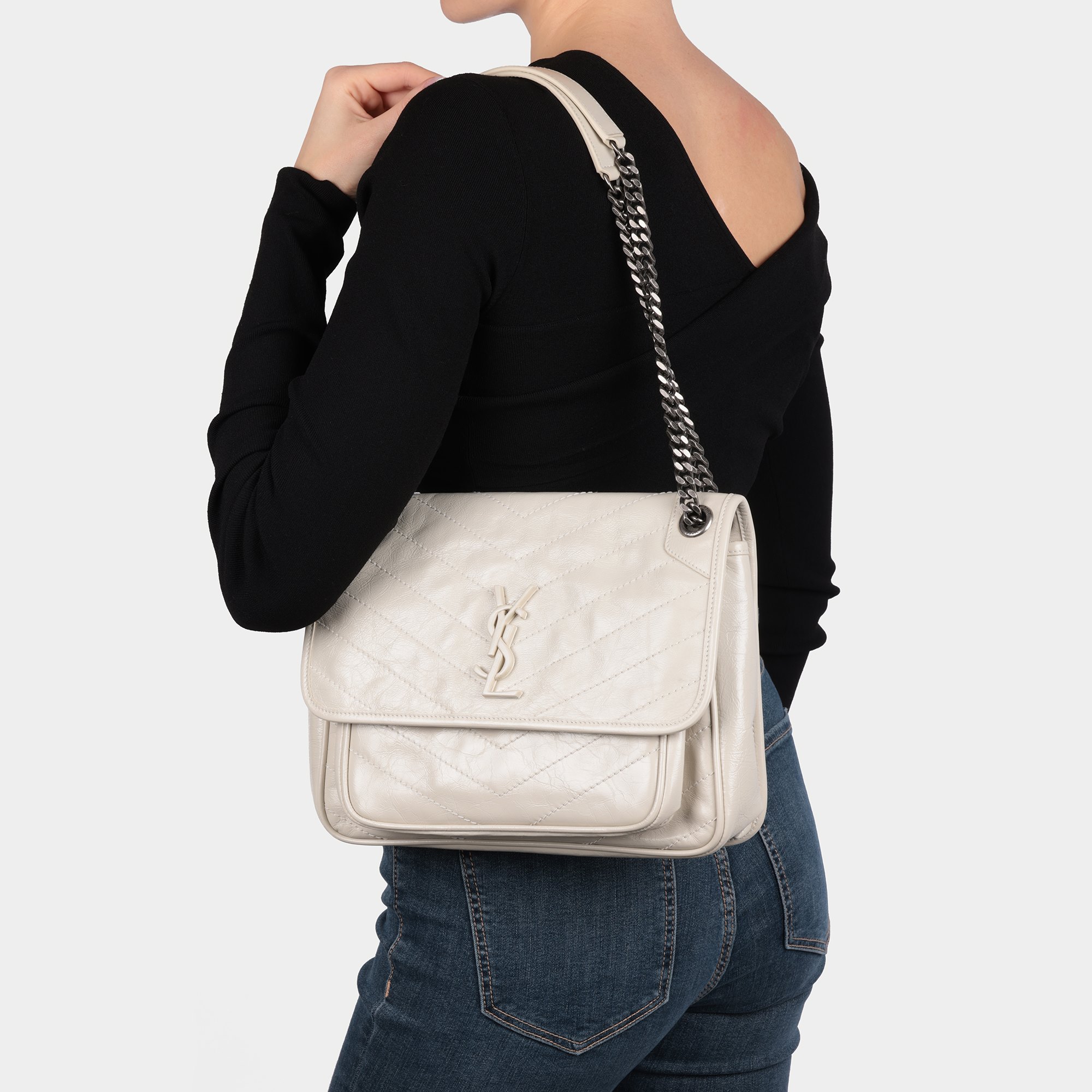 Saint Laurent Blanc Vintage Crinkled Lambskin Leather Medium Niki