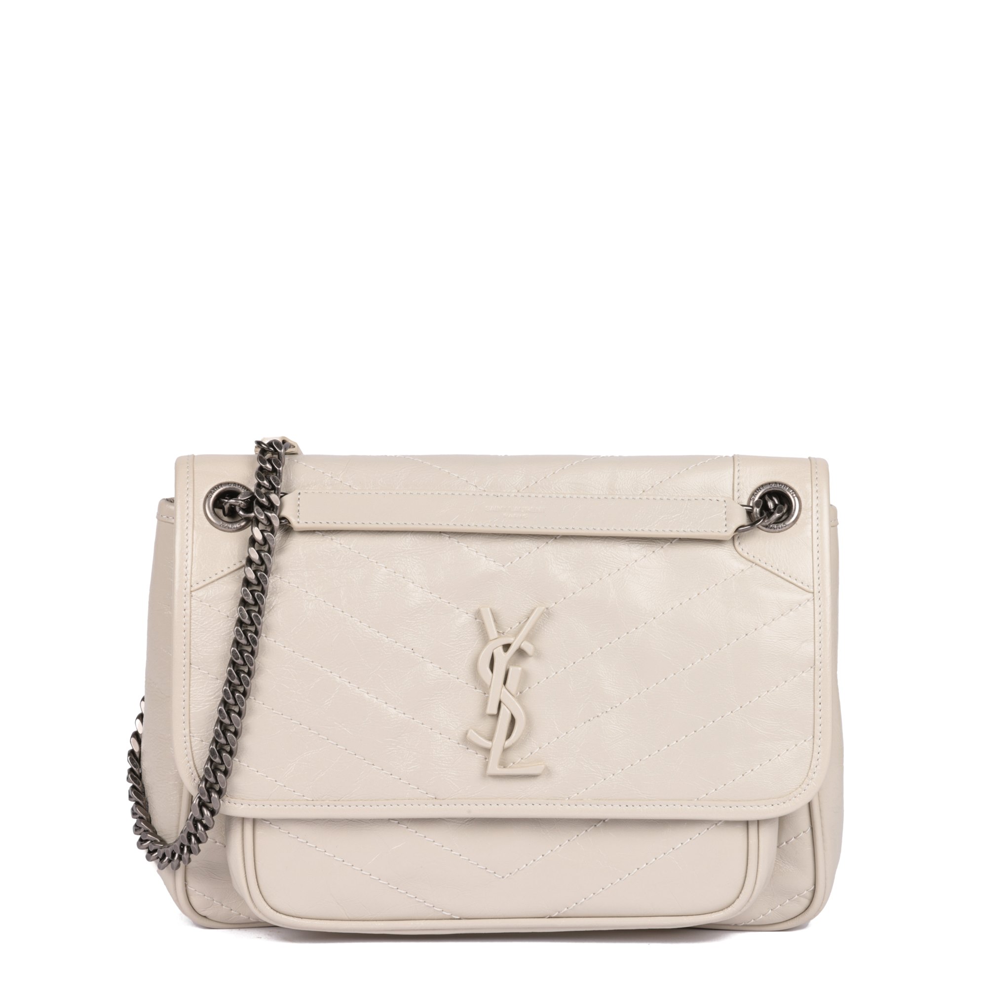 Saint Laurent Blanc Vintage Crinkled Lambskin Leather Medium Niki