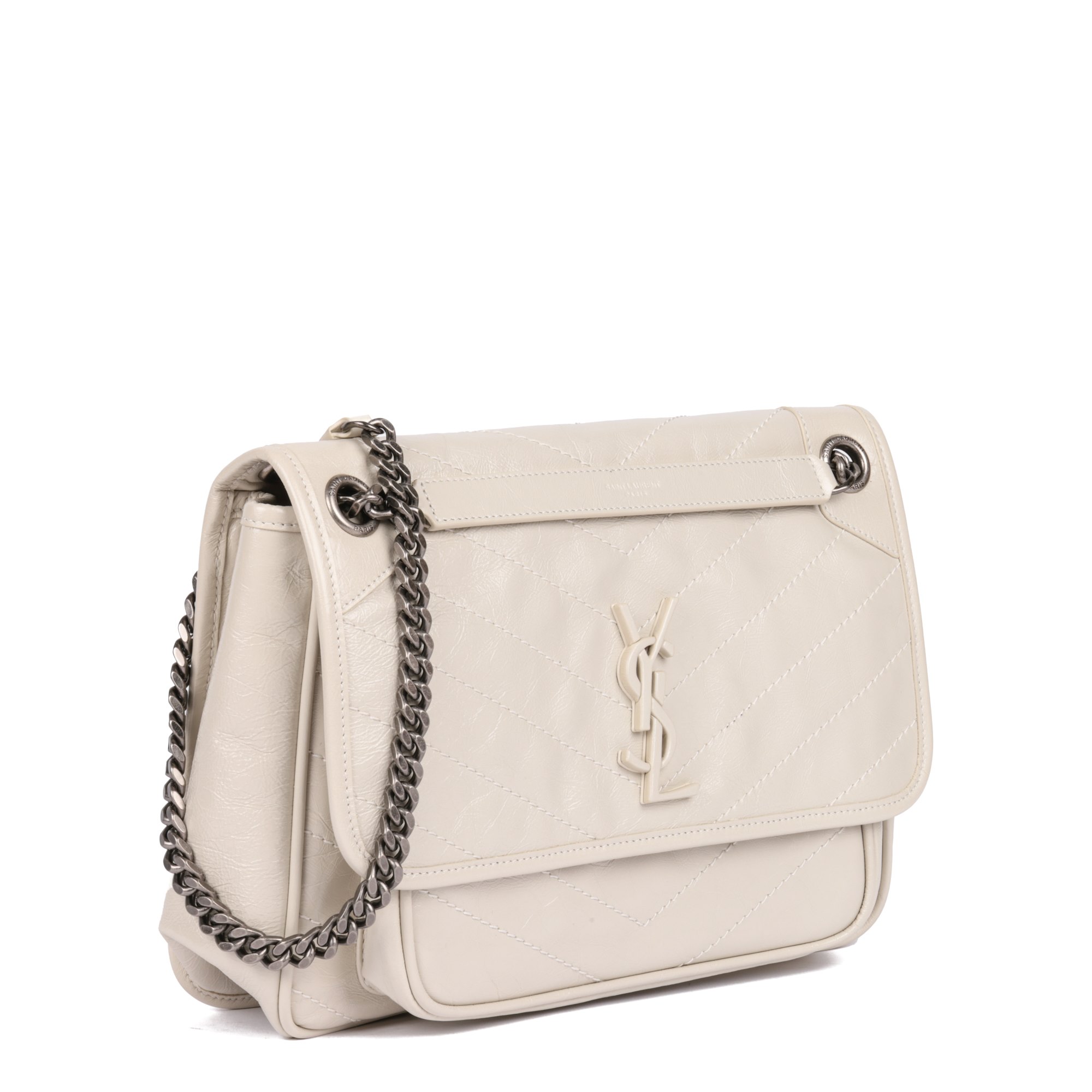 Saint Laurent Blanc Vintage Crinkled Lambskin Leather Medium Niki
