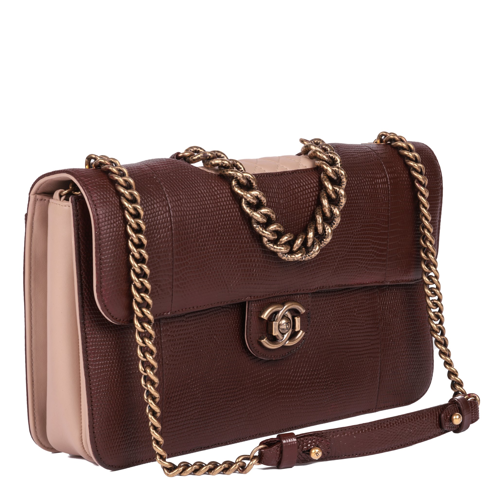 Chanel Burgundy Lizard Leather & Dusky Pink Quilted Lambskin Large Perfect Edge Classic Single Flap Bag