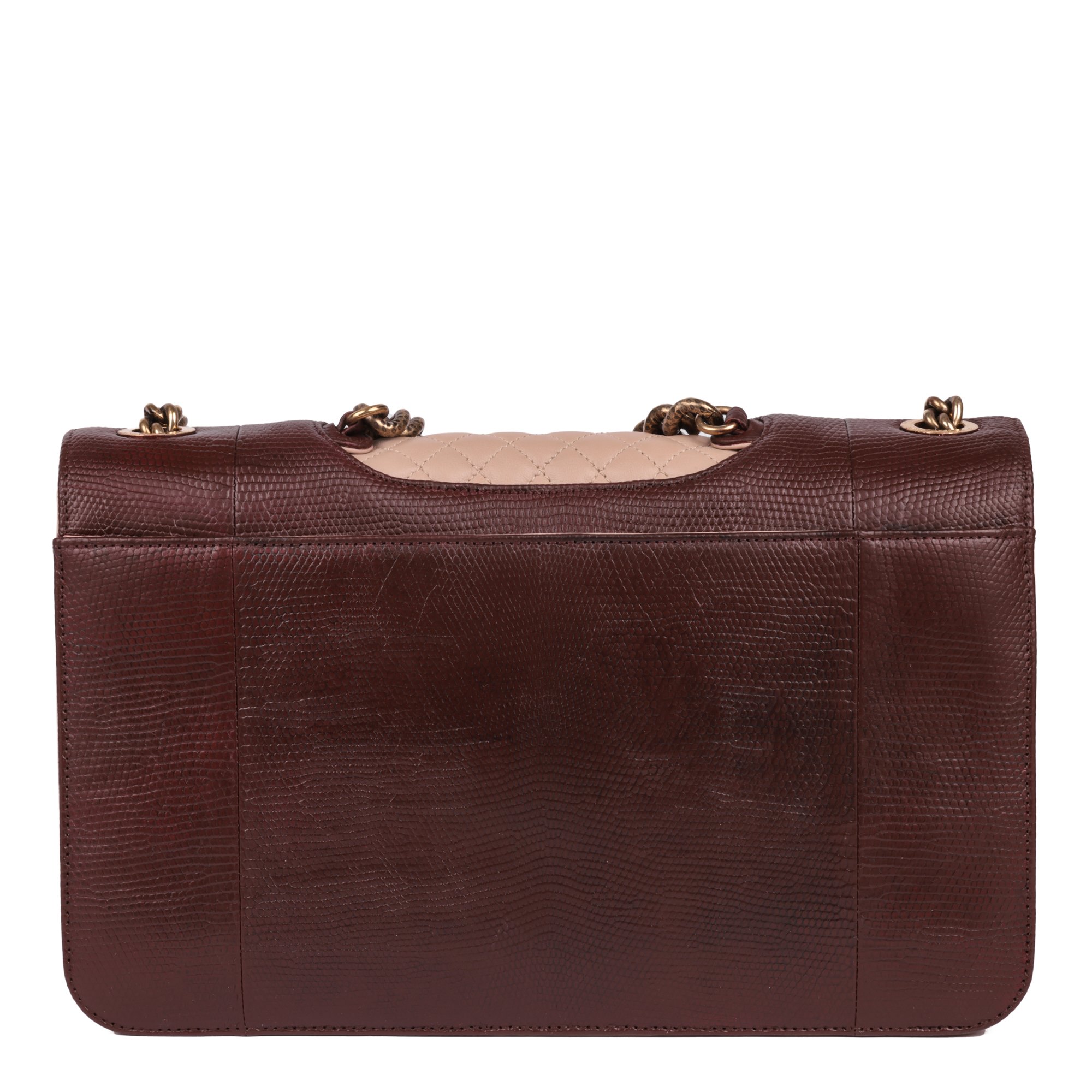 Chanel Burgundy Lizard Leather & Dusky Pink Quilted Lambskin Large Perfect Edge Classic Single Flap Bag