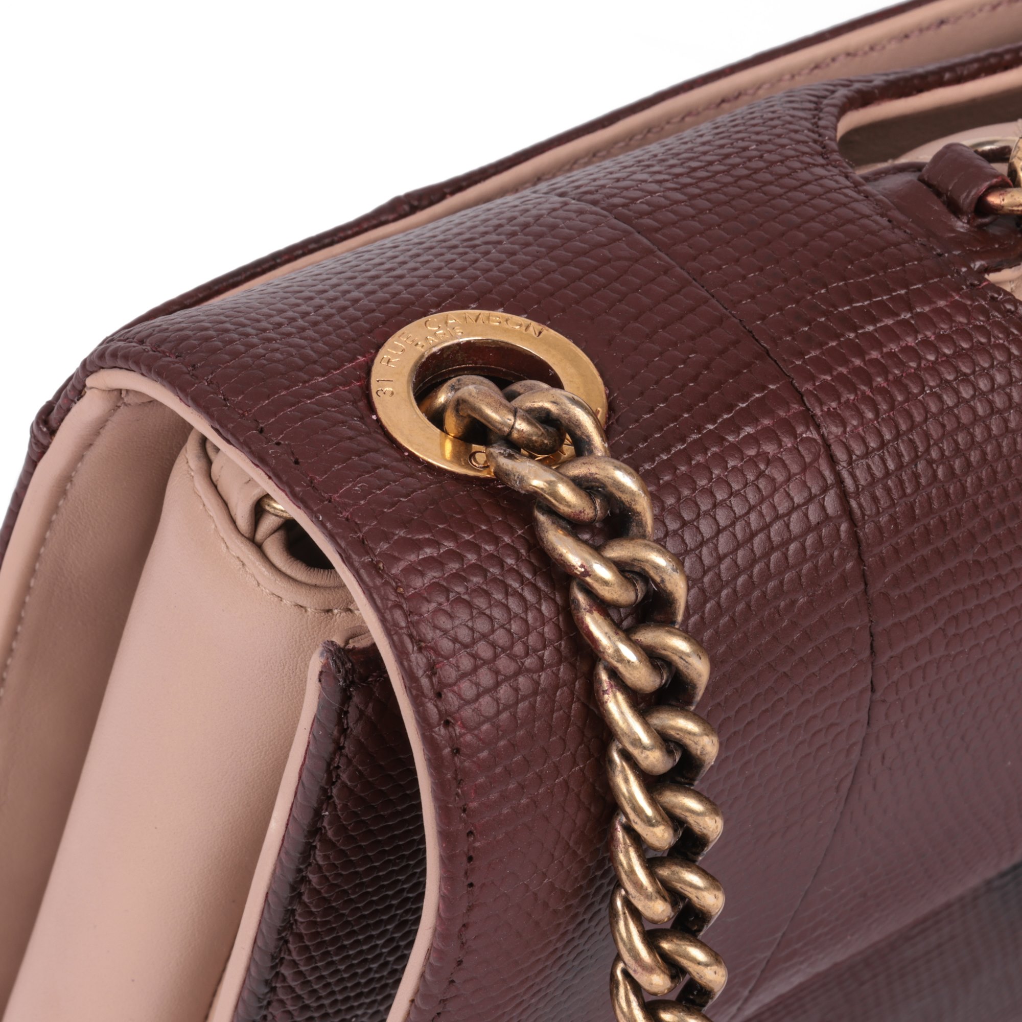 Chanel Burgundy Lizard Leather & Dusky Pink Quilted Lambskin Large Perfect Edge Classic Single Flap Bag