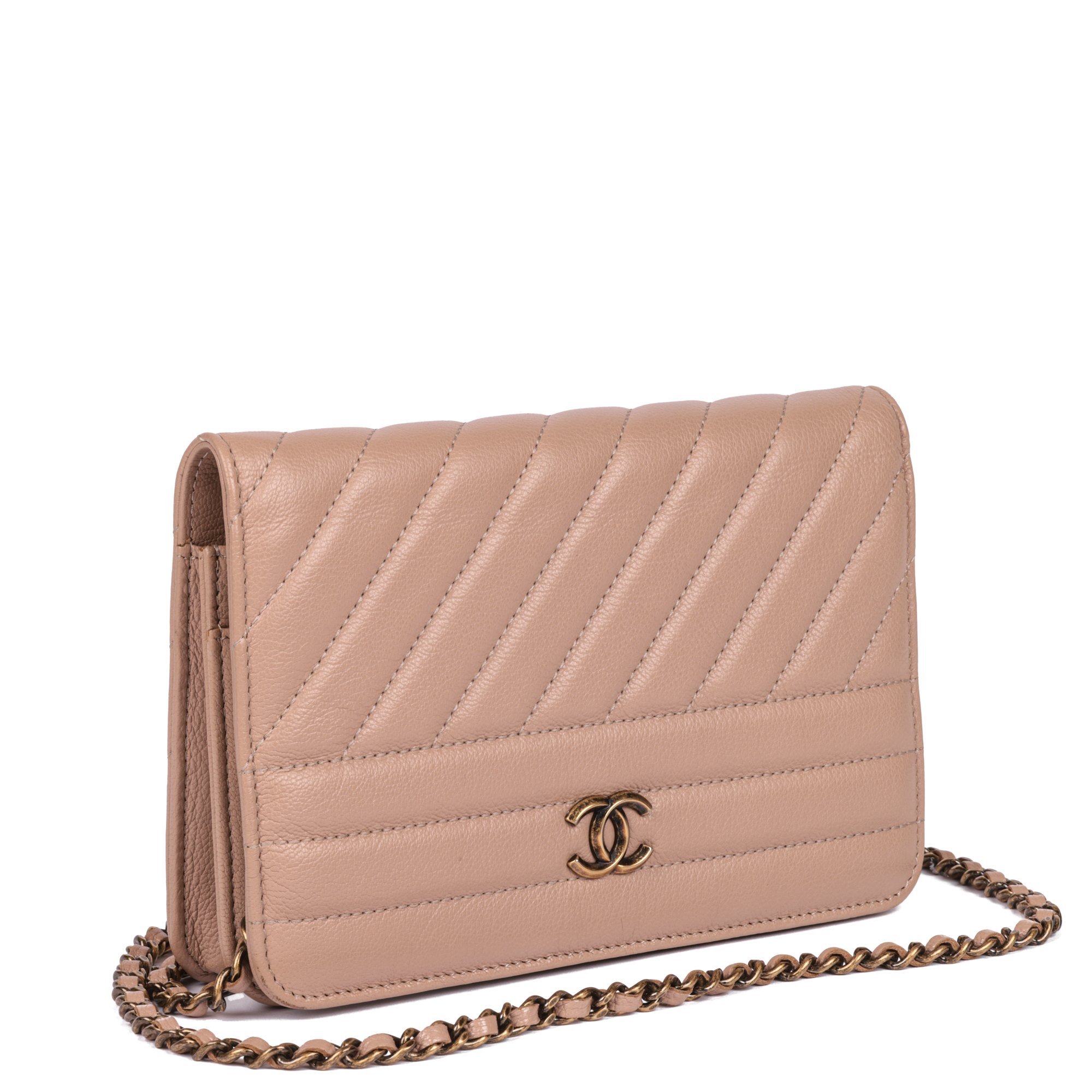 Chanel Beige Diagonal Quilted Goatskin Leather Wallet-on-Chain WOC
