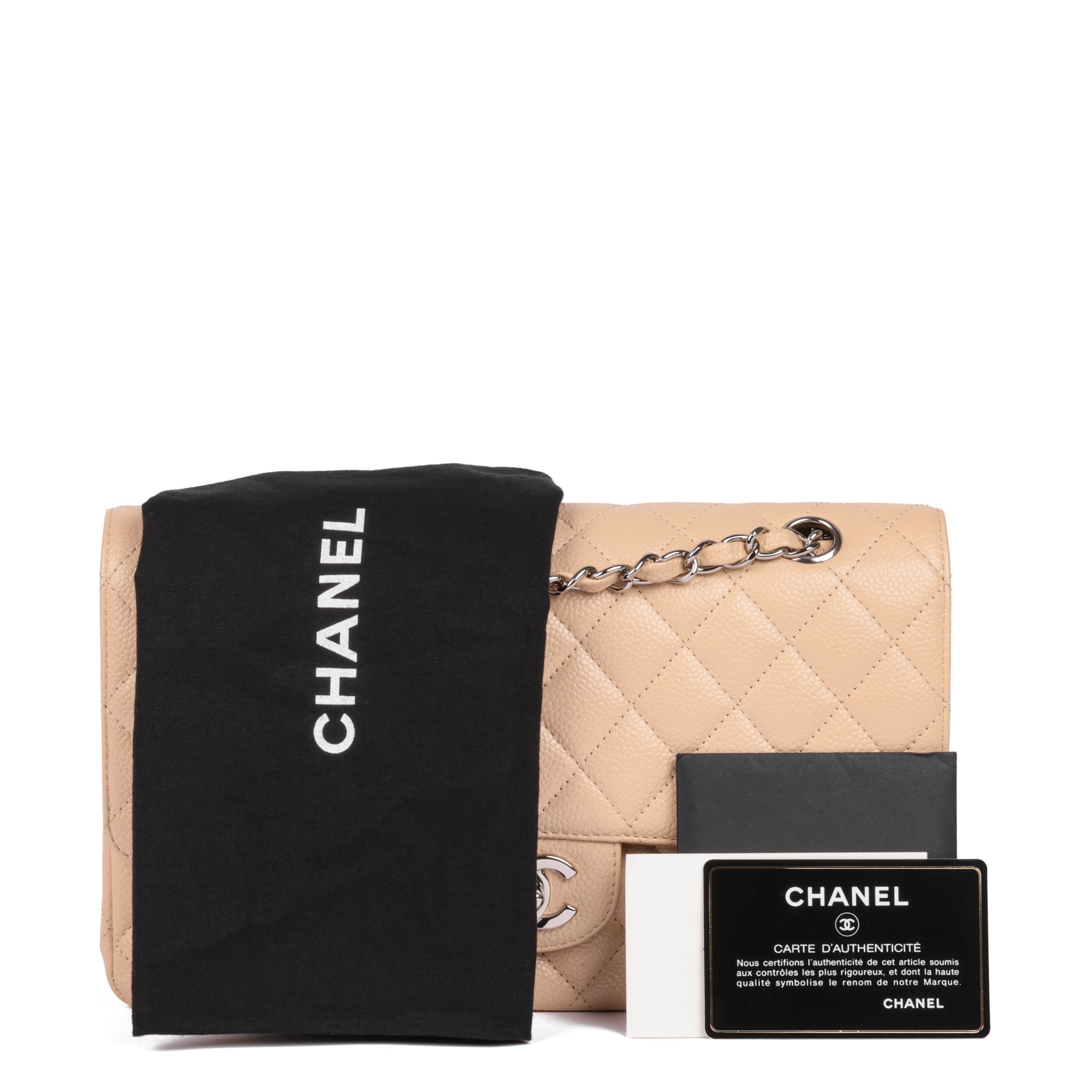 Chanel Beige Quilted Caviar Leather Medium Classic Double Flap Bag