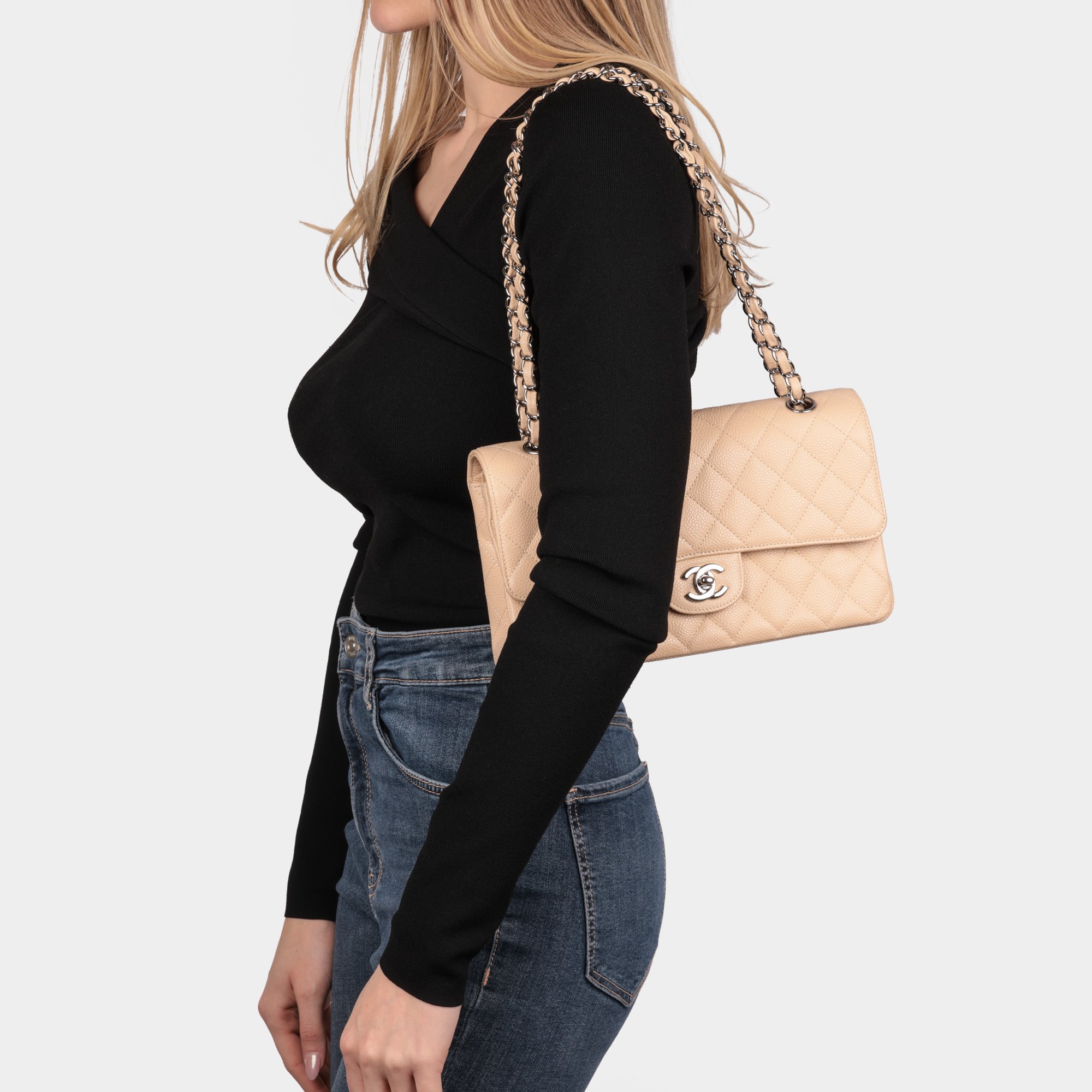 Chanel Beige Quilted Caviar Leather Medium Classic Double Flap Bag