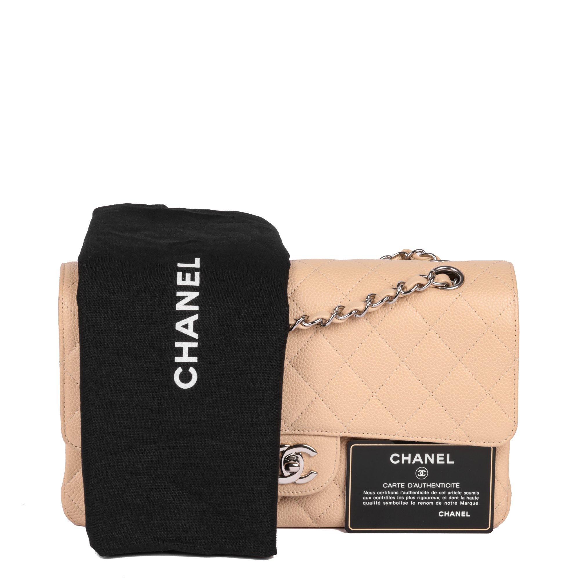Chanel Beige Quilted Caviar Leather Medium Classic Double Flap Bag